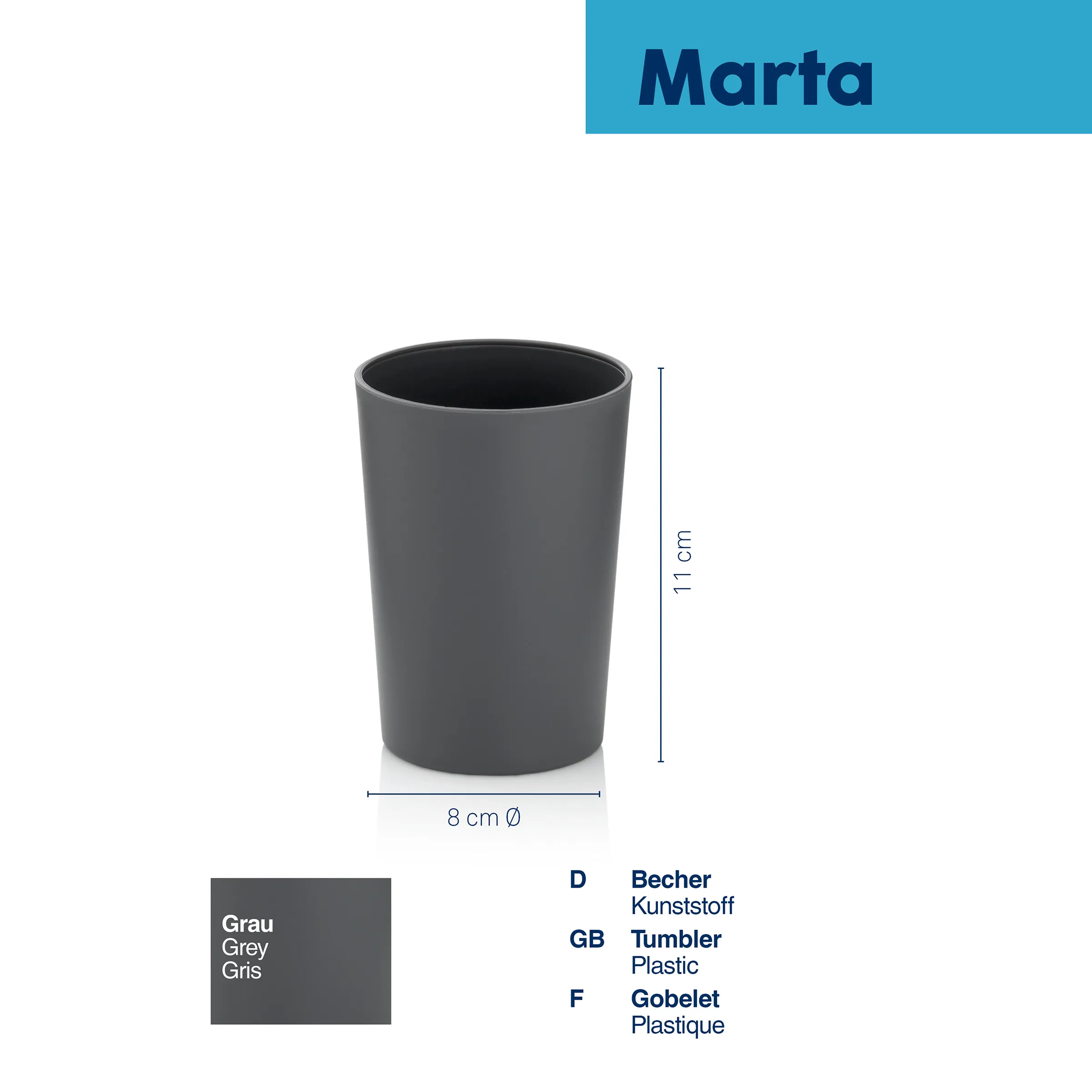 Grauer Marta Kunststoff-Becher, 11 cm hoch, 8 cm Durchmesser, mit Maßangaben auf weißem Hintergrund
