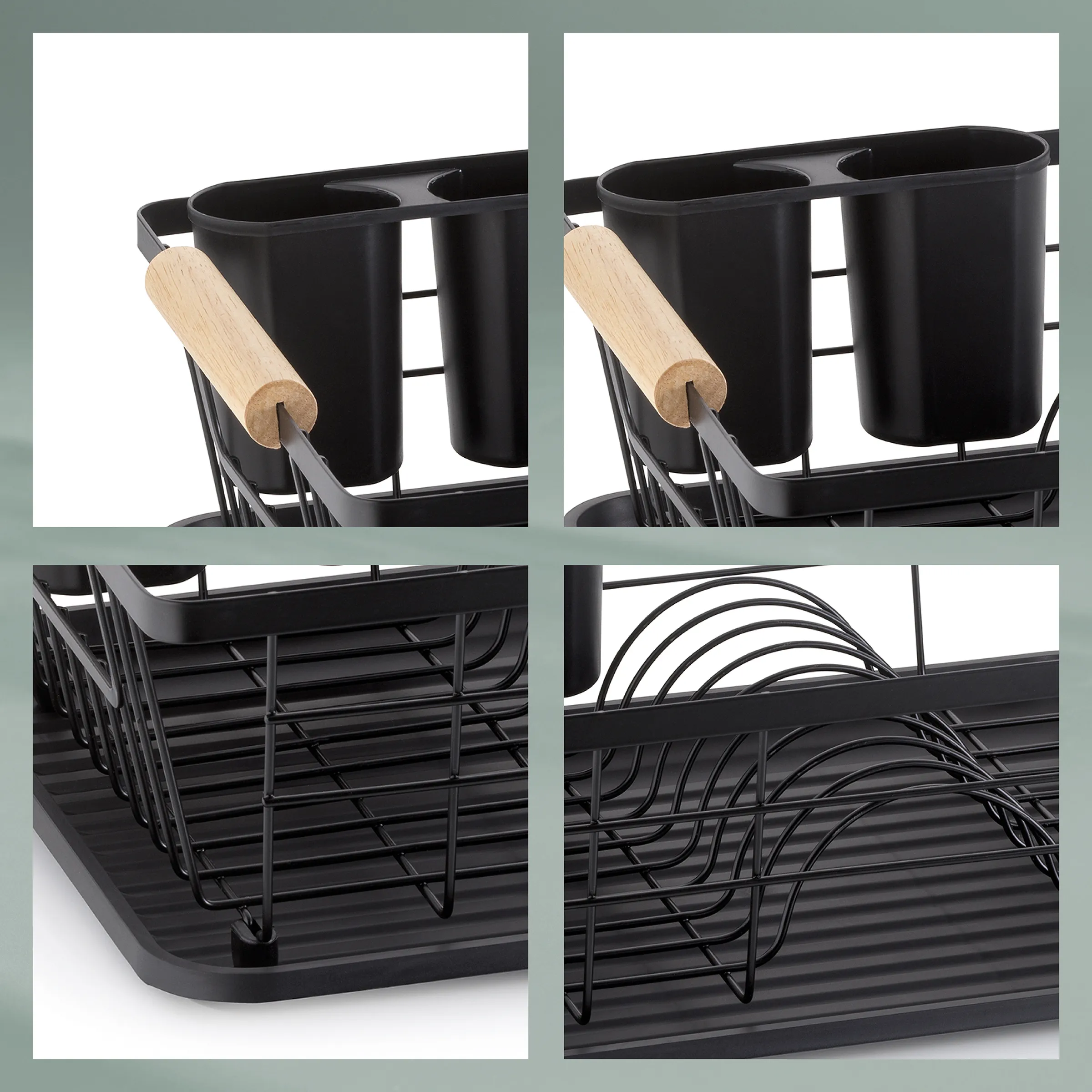 Schwarze Küchenschublade mit Organizer-System, Holzgriff und mehreren Fächern für Besteck und Utensilien