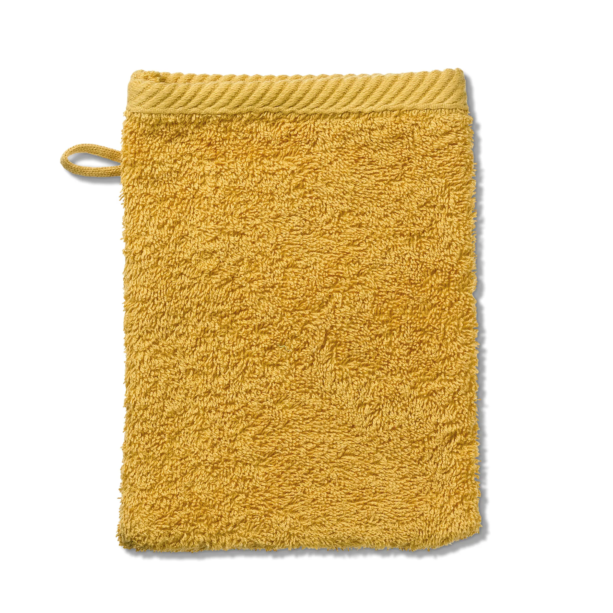 Gelber Waschlappen Frottee Gelber Waschlappen aus Frottee-Stoff mit Schlaufe und geripptem Rand