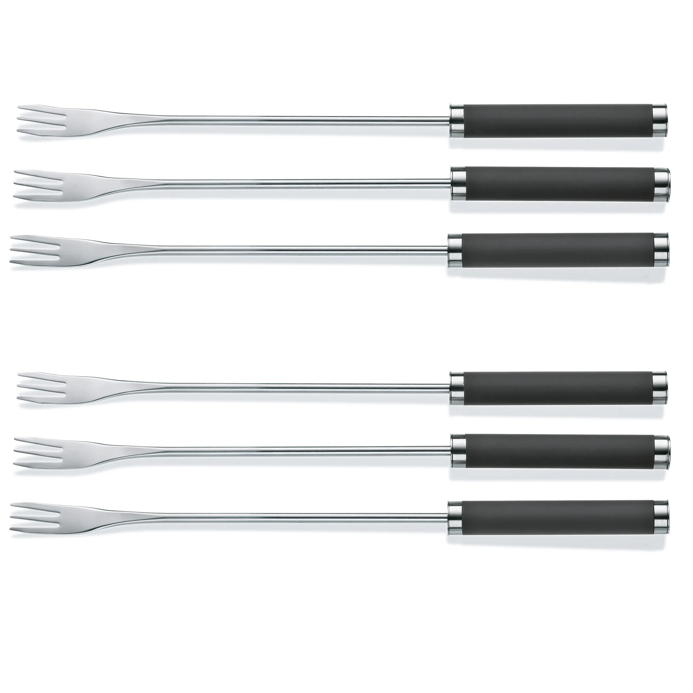Grillspieße Set - Langgrillspieße mit ergonomischem Griff Sechs lange Grillspieße mit schwarzem Griff und Edelstahlschaft, zwei pro Reihe angeordnet