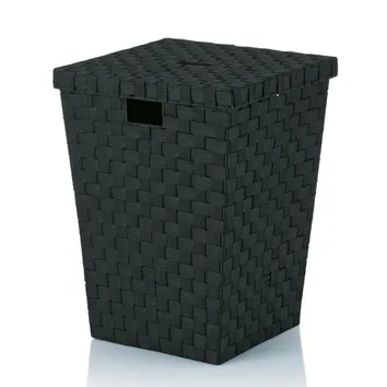 Dunkelgraue geflochtene Aufbewahrungsbox mit Deckel und Griffloch in quadratischer Form