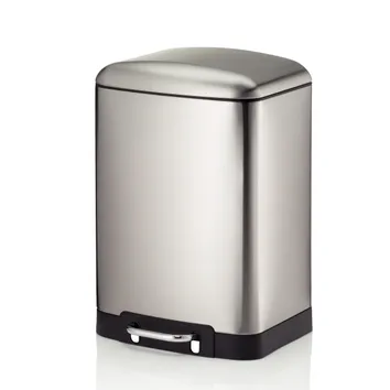 Silberner Tretmülleimer aus Edelstahl mit schwarzer Basis und Griffen, modernes Design mit abgerundeter Oberfläche