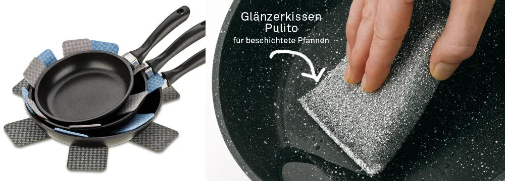 Glänzerkissen Pulito für beschichtete Pfannen - Pfannen Reinigung Glänzerkissen Pulito für beschichtete Pfannen - Schwarzes Reinigungskissen mit glitzernder Oberfläche neben Pfannenset