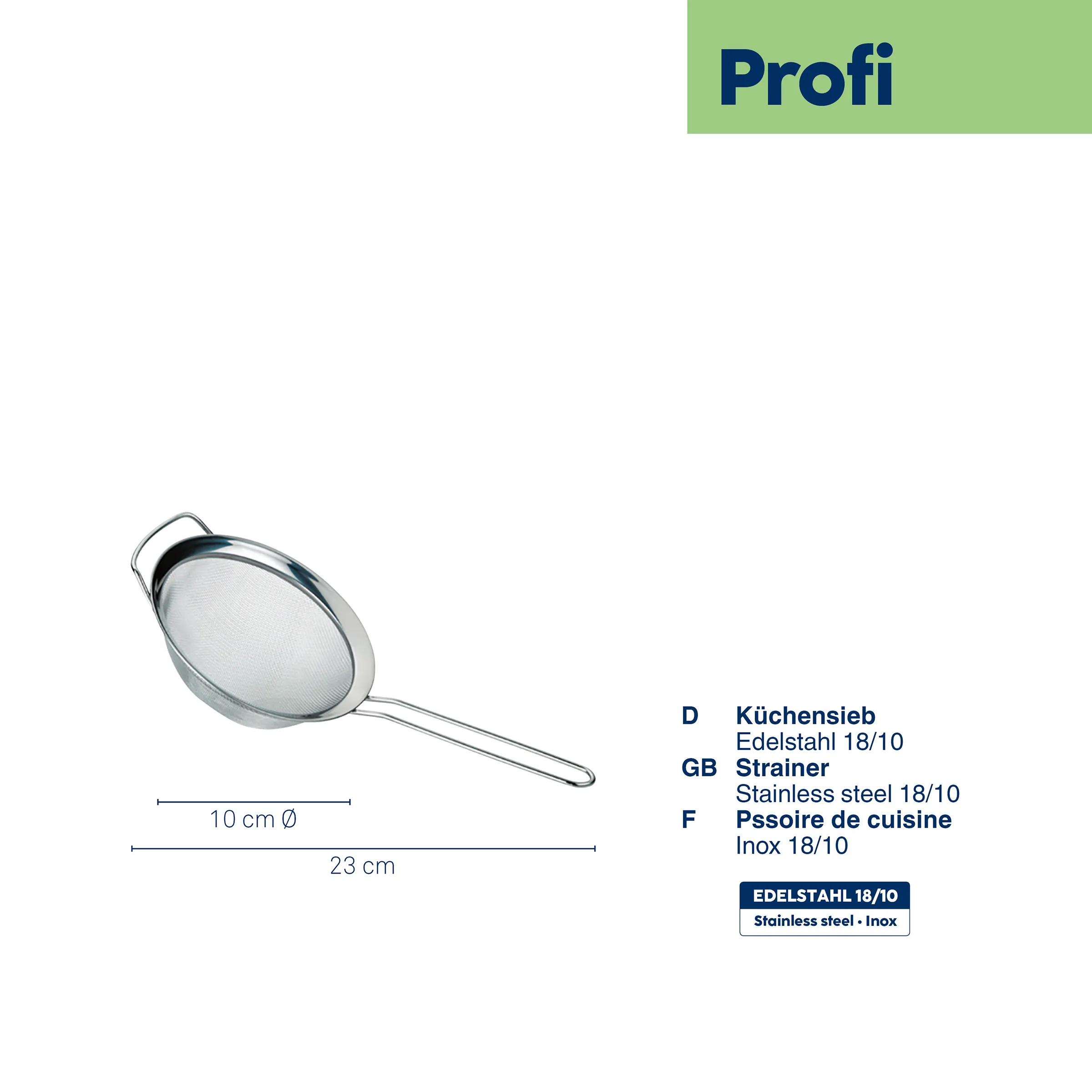 Edelstahl Küchensieb 18/10 - Profi Küchensiebe Edelstahl-Küchensieb mit 10 cm Durchmesser und 23 cm Gesamtlänge, langem Griff und feinem Netz