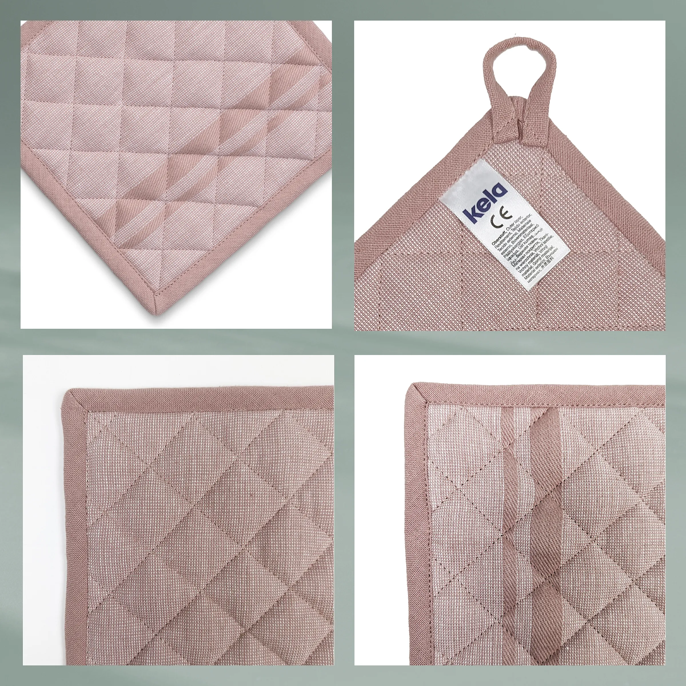 Rosa gesteppte Kuscheldecke mit Karomuster, vier Detailansichten zeigen Oberfläche, Aufhänger und Kanten