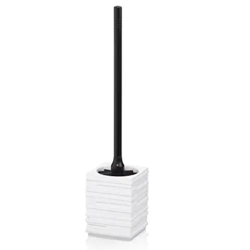 Weiße Toilettenbürste mit schwarzem Griff und Behälter mit horizontaler Rippenstruktur