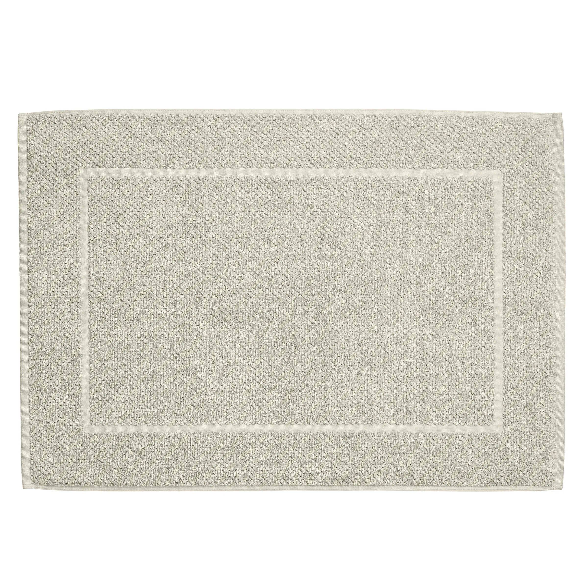 Beige Badezimmermatte mit strukturiertem Gewebe und rechteckigem, erhabenenem Muster in der Mitte