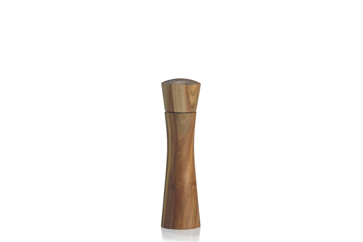 Pfeffermühle Holz Akazie - Designer Gewürzmühle Moderne Pfeffermühle aus Akazienholz mit schlankem Design auf weißem Hintergrund