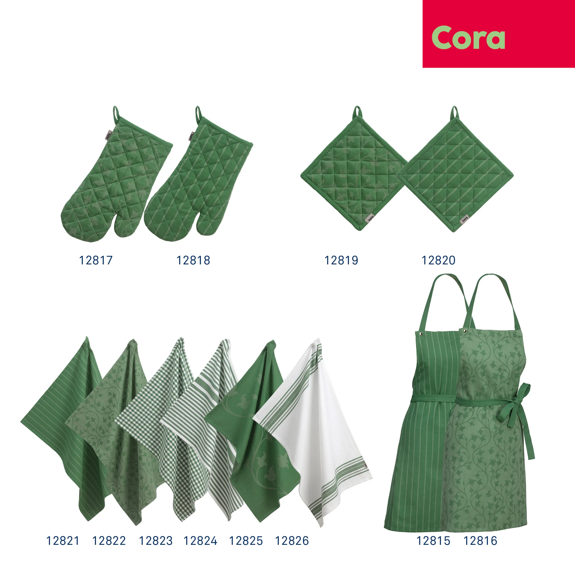 Cora Küchentextilien Set Grün - Ofenhandschuhe Topflappen Geschirrtücher Schürzen Cora Küchentextilien-Kollektion in Grün: Ofenhandschuhe, Topflappen, Geschirrtücher und Schürzen