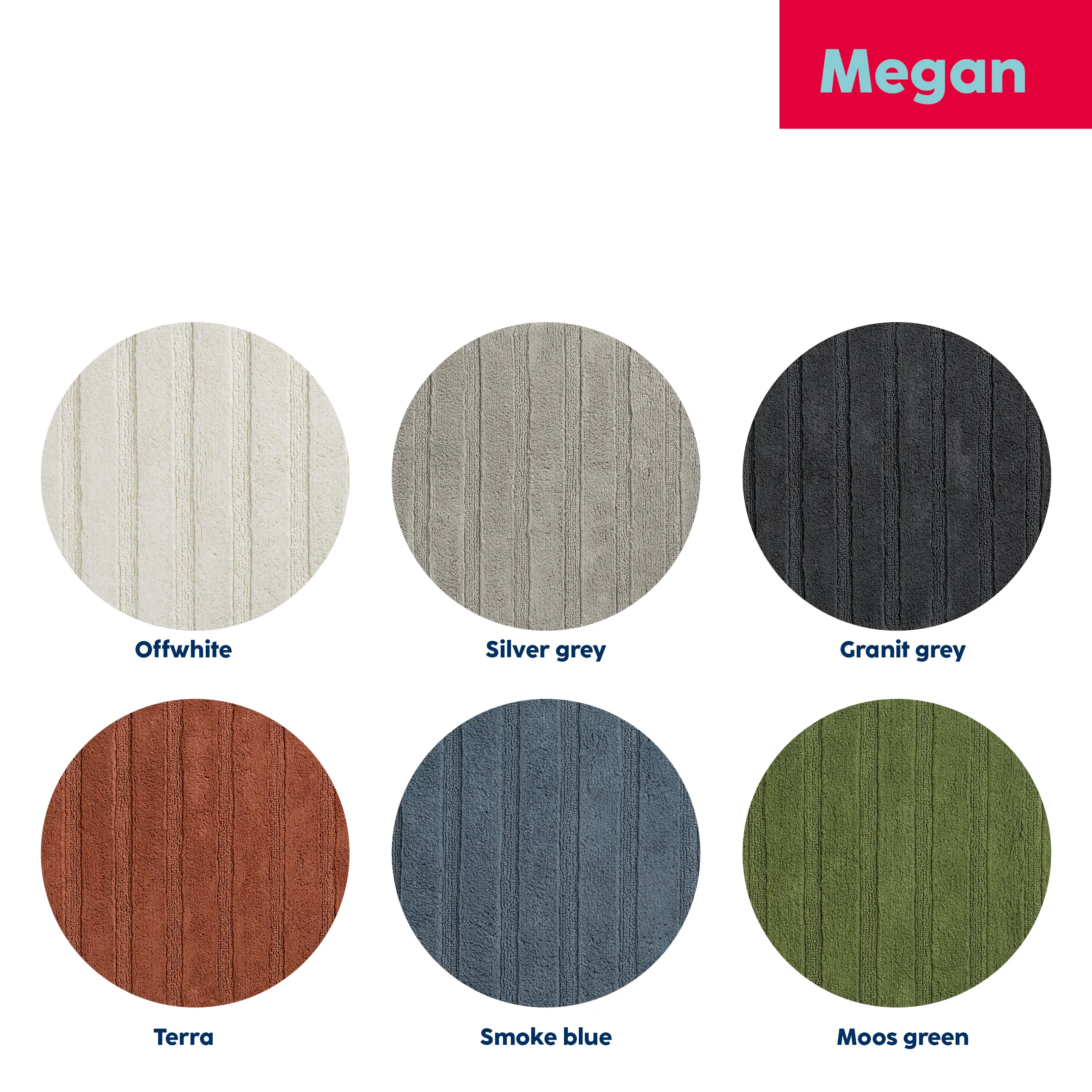 Megan Farbauswahl - Textile Oberflächen in 6 modernen Farben Megan Farbpalette: Sechs Textilmuster in Offwhite, Silbergrau, Granitgrau, Terra, Rauchblau und Moosgrün