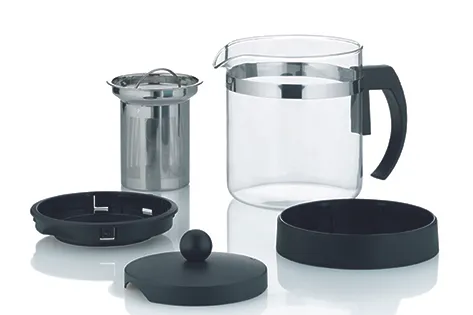 Glaskanne Kaffeemaschine mit Filteraufsatz Glaskanne mit schwarzem Griff und abnehmbaren Komponenten wie Metallfilter und schwarzem Deckel