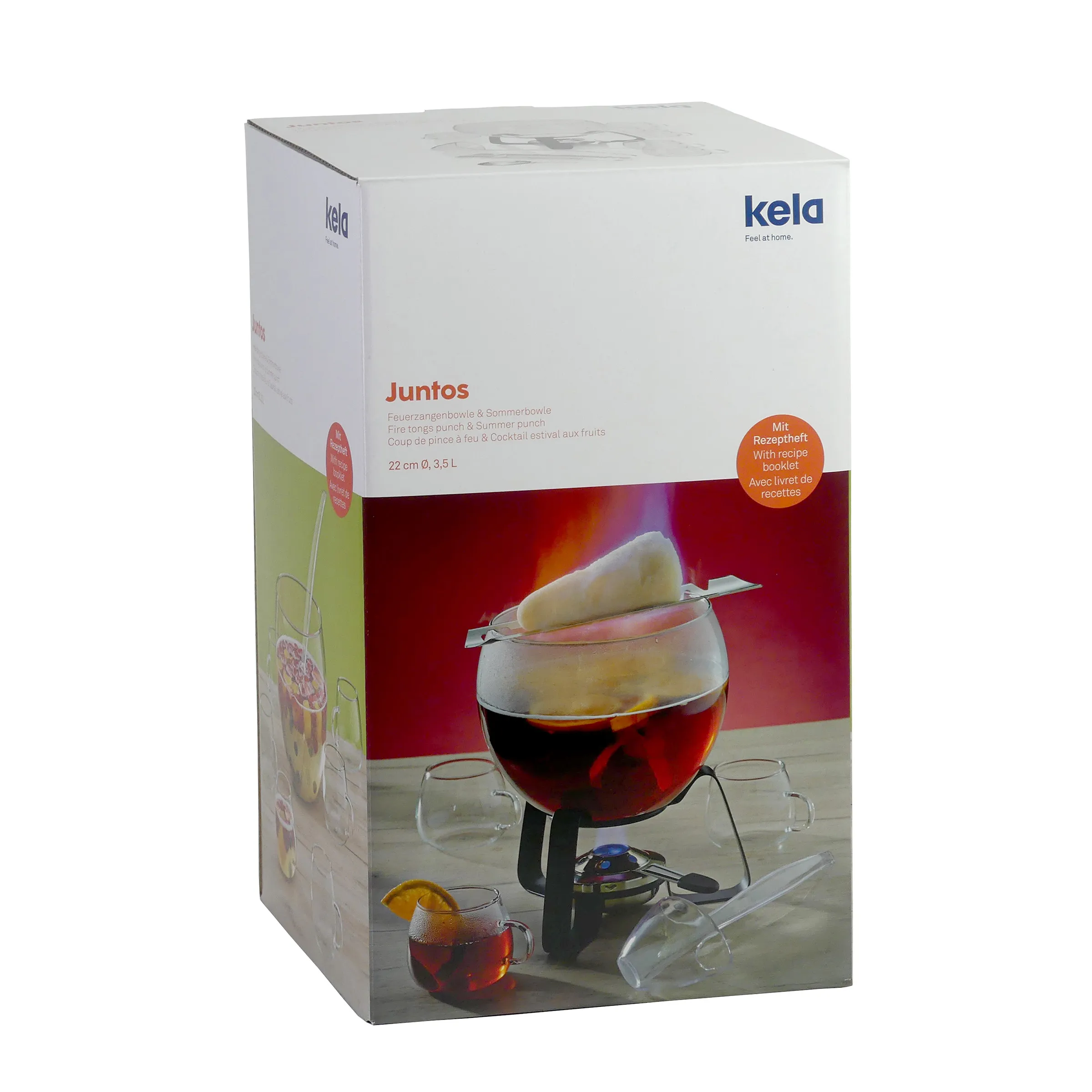 Kela Juntos Feuerzangenbowle-Set 3,5L mit Rezeptheft - Glühwein Bowle Feuerzange Kela Juntos Feuerzangenbowle-Set, 3,5L Glasbowle mit Halterung und Feuerzange, Verpackung mit Rezeptheft