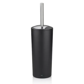 Schwarze Toilettenbürste mit Edelstahlstiel und silberner Krone, minimalistisches Design