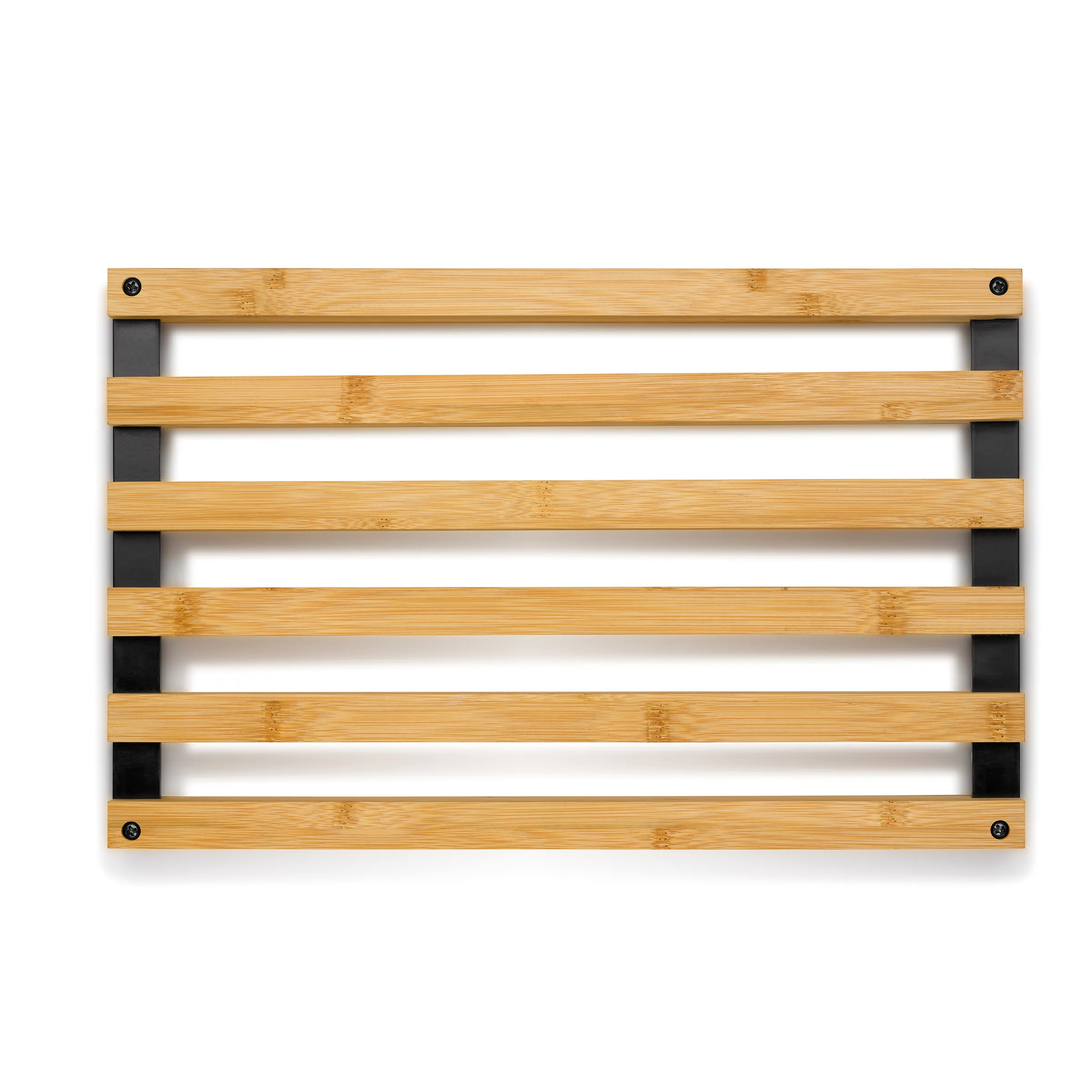 Bambus Wandregal 6er Regal Holz Wandmontage Bambusholz-Wandregal mit 6 horizontalen Böden und schwarzen Metallhalterungen an weißem Hintergrund