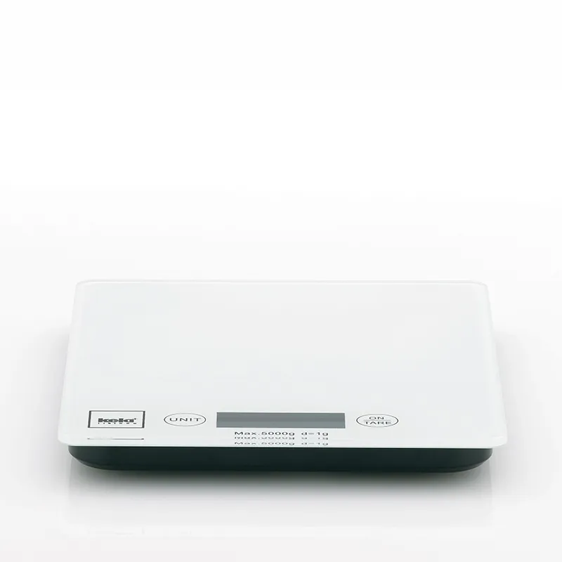 Digitale Personenwaage - Präzisions-Küchenwaage mit LCD-Display Digitale Personenwaage mit weißem Gehäuse und schwarzem Display, max. 6000g Tragkraft, Ansicht von oben