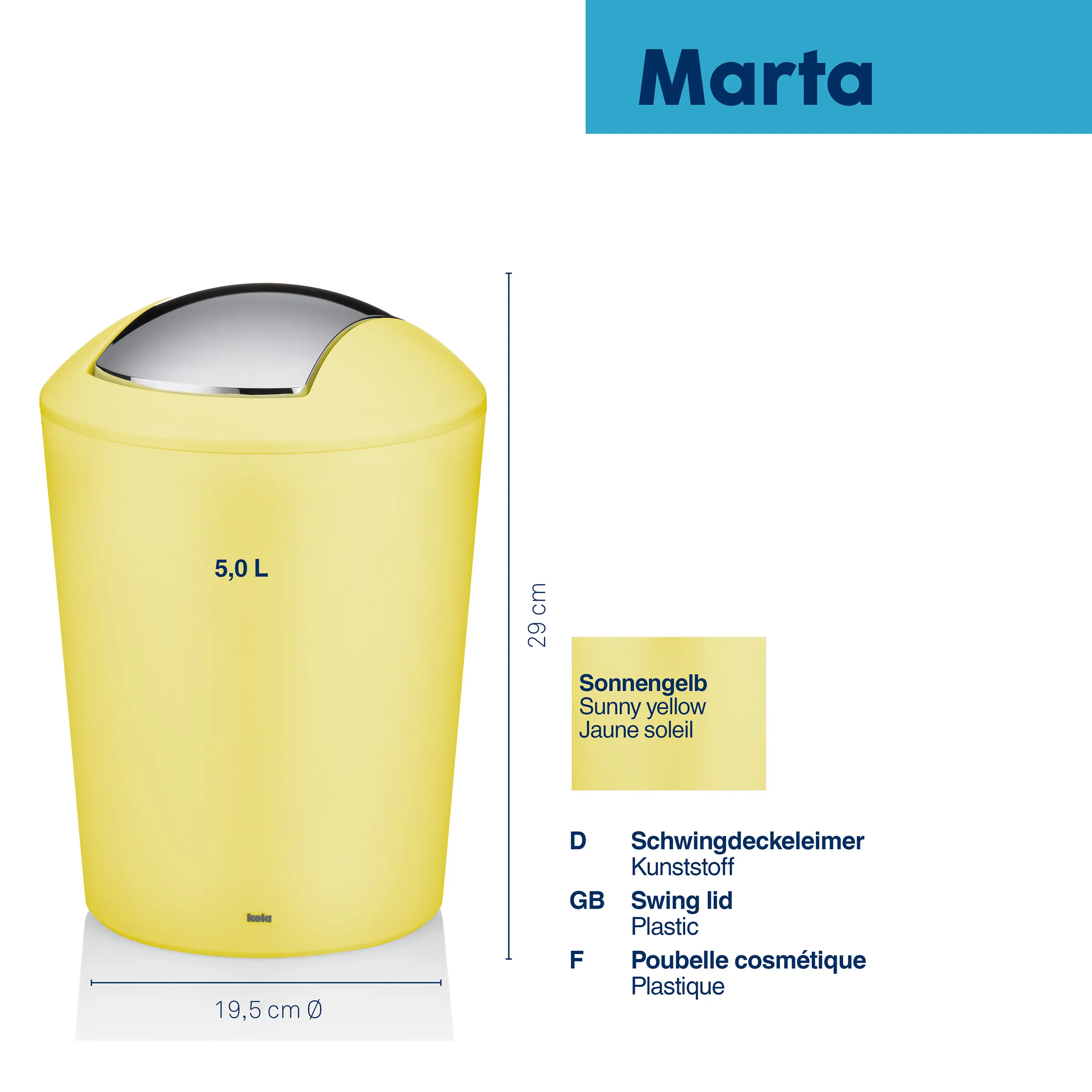 Sonnengelber Marta Schwingdeckeleimer aus Kunststoff, 5 Liter Fassungsvermögen, 29 cm hoch, 19,5 cm Durchmesser