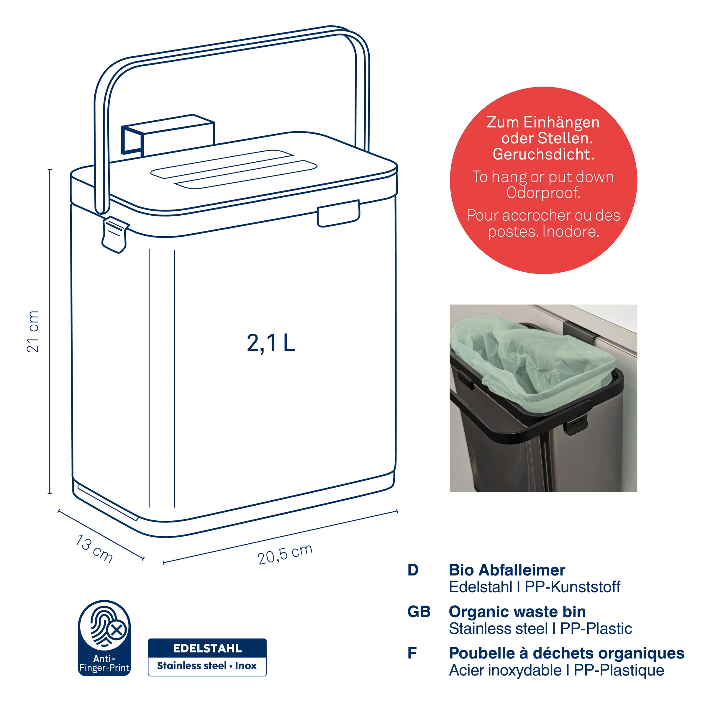 Bio-Abfalleimer aus Edelstahl mit 2,1 Liter Fassungsvermögen, Griff und abnehmbarem Deckel mit Geruchsdicht-Funktion