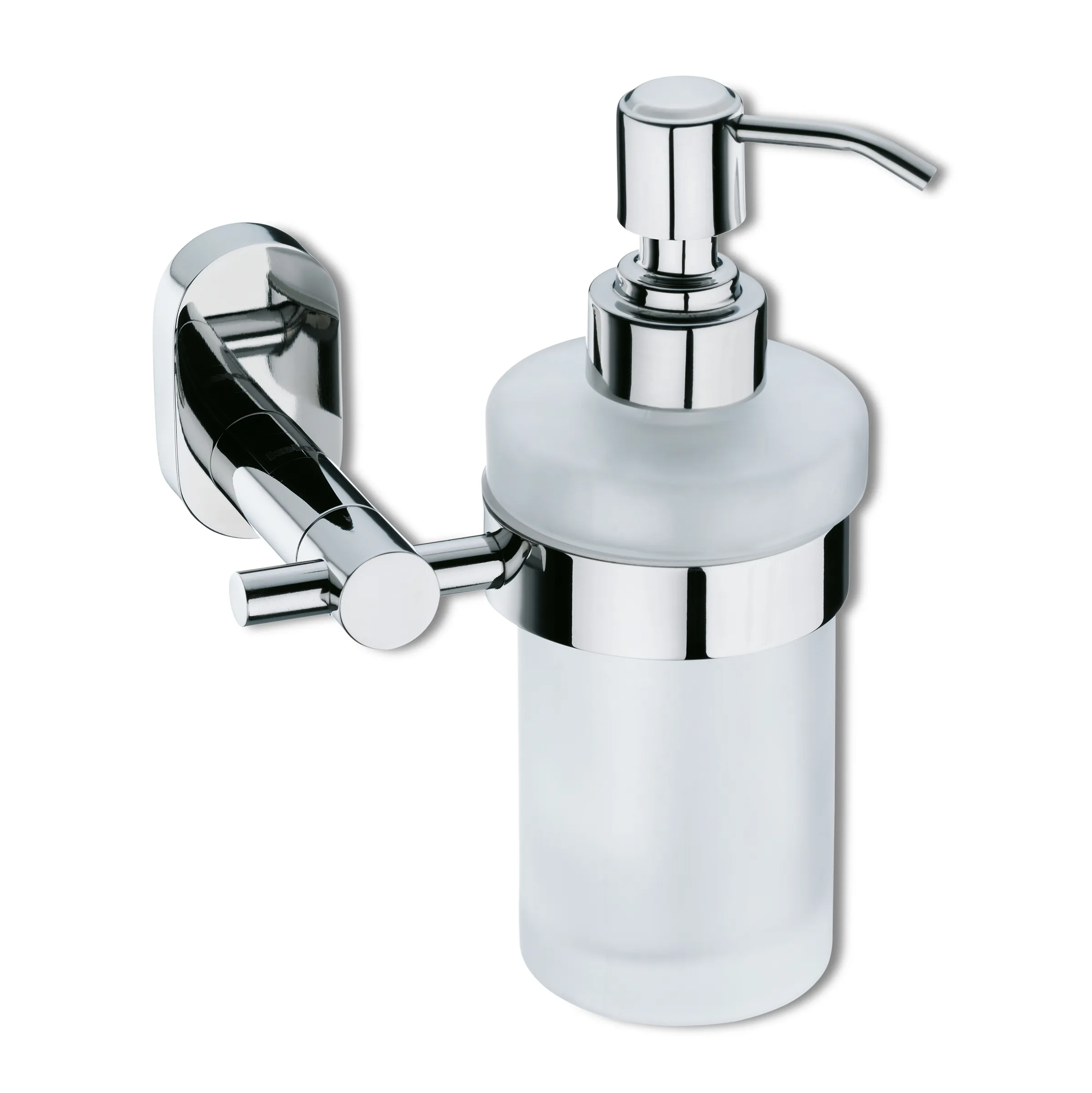 Wandmontierter Seifenspender aus Chrom und Glas mit Pumpenmechanismus neben einem Halter für Toilettenpapier