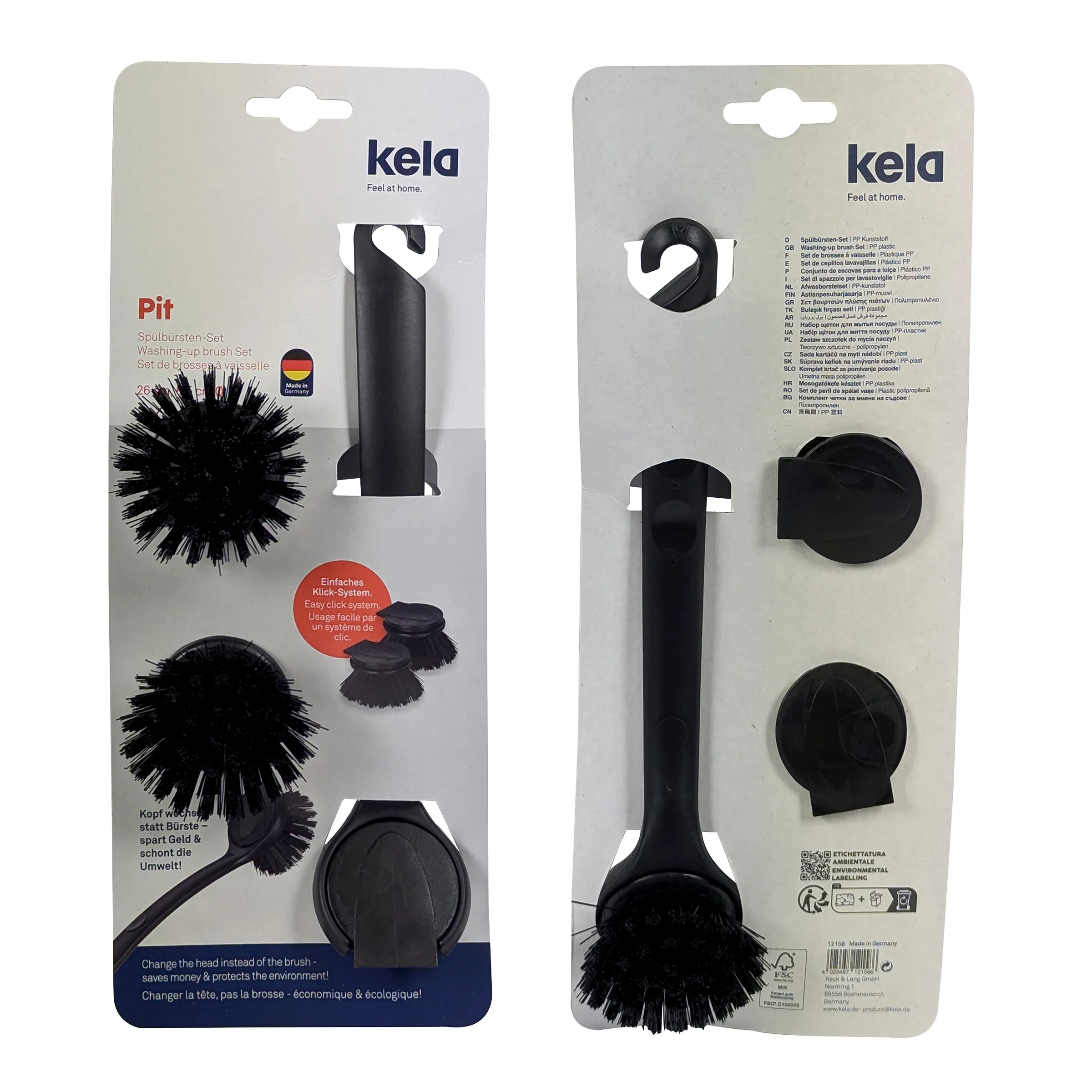 Kela Pit Spülbürsten-Set - Geschirrspülbürste mit Wechselköpfen Kela Pit Spülbürsten-Set mit schwarzem Griff, austauschbaren Bürstenköpfen und Click-System, Vorder- und Rückseite der Verpackung