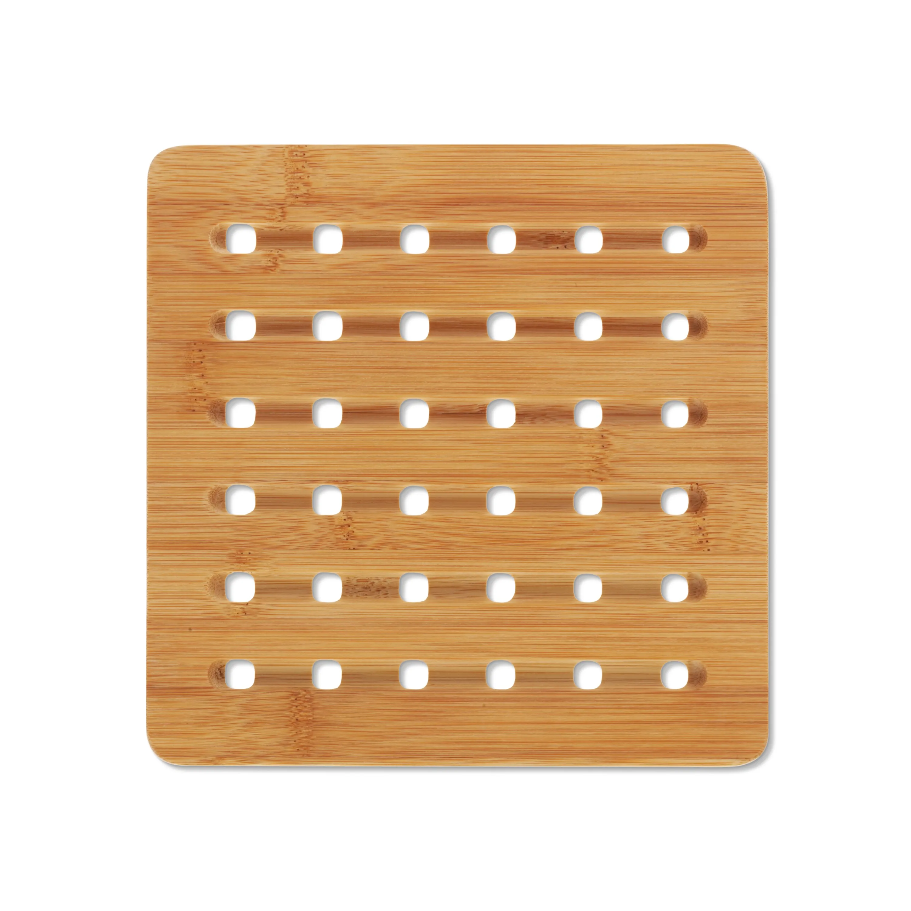 Bamboo Untersetzer Holz - Dekorativer Topfuntersetzer Bamboo Untersetzer mit sechs Reihen quadratischer Aussparungen, helles Holz, quadratisches Format mit gerundeten Ecken