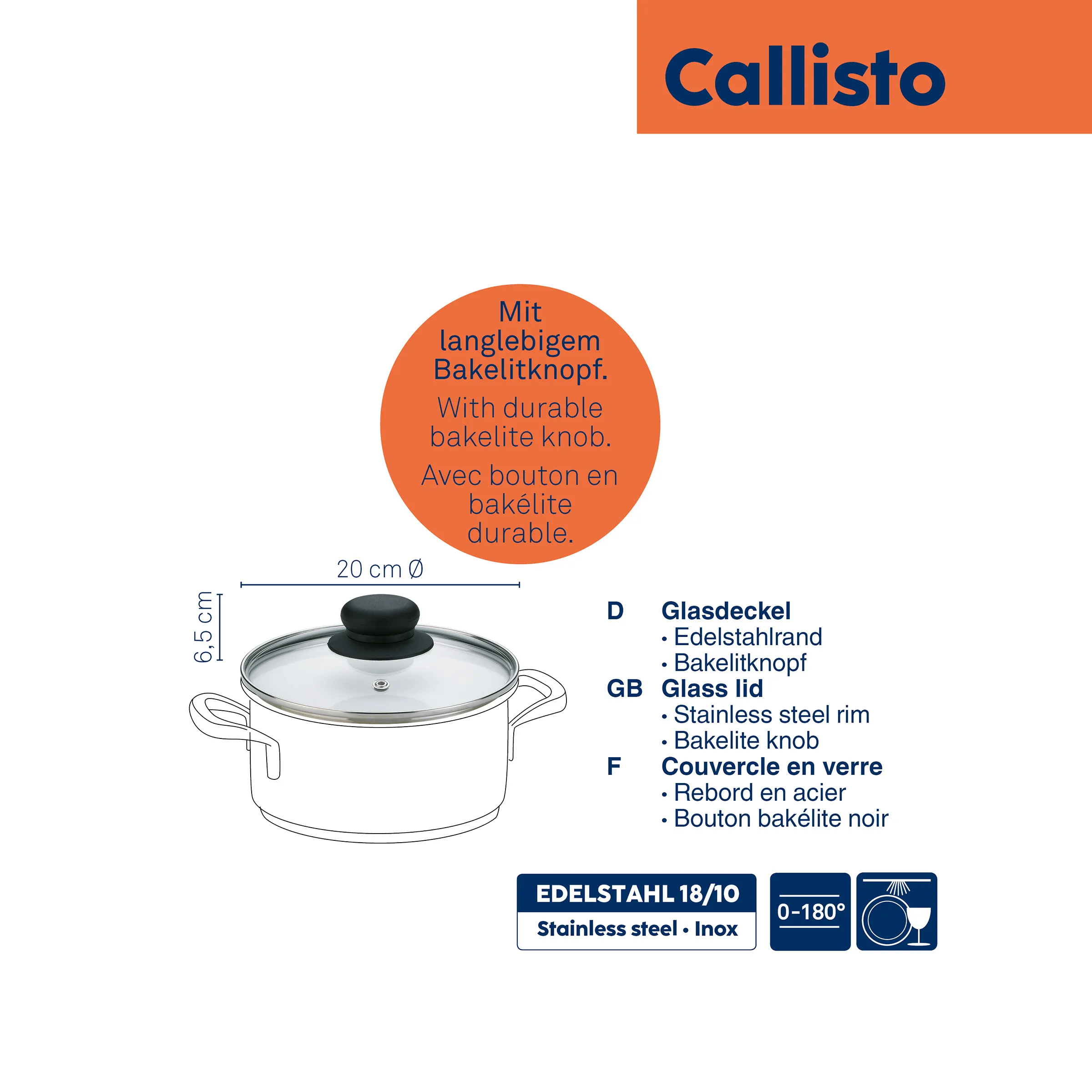 Callisto Edelstahl Kochtopf mit Glasdeckel und Bakelitknopf – Induktionsgeeignet Callisto Edelstahl-Kochtopf mit Glasdeckel und Bakelitknopf, 20 cm Durchmesser, 6,5 cm Höhe, für Induktion geeignet