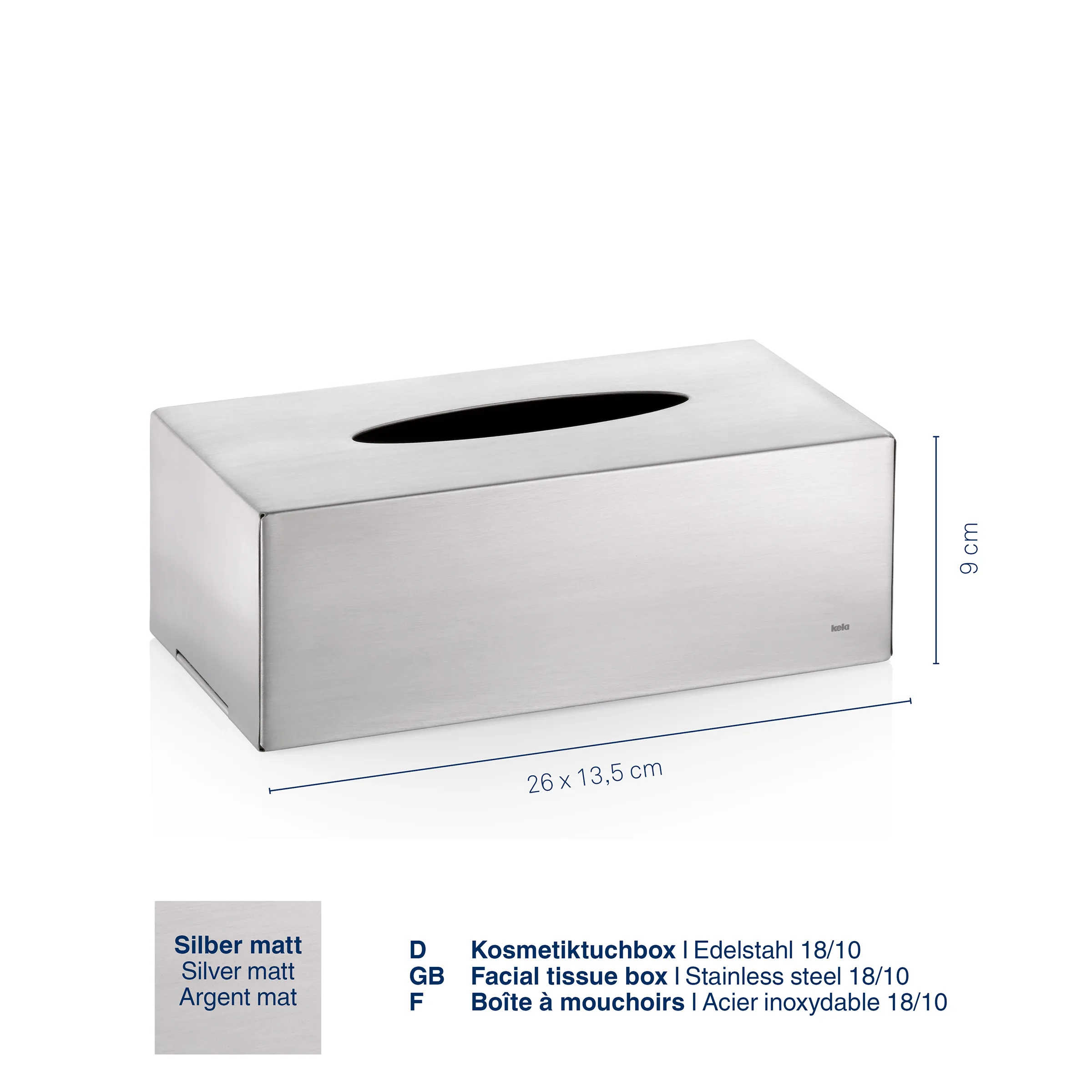 Kosmetiktuchbox Edelstahl silber matt Silbermatte Edelstahl-Kosmetiktuchbox mit Schlitz, Maße 26 x 13,5 x 9 cm