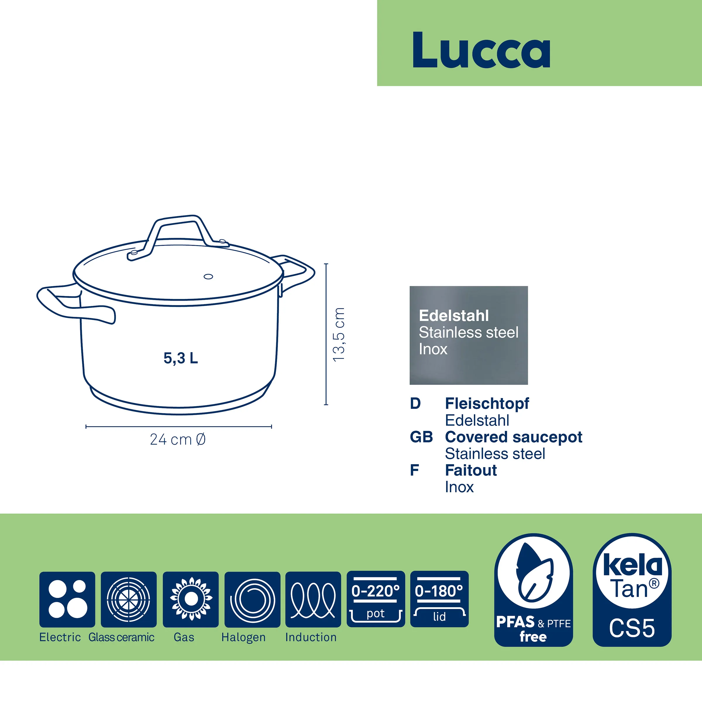 Lucca Edelstahl-Fleischtopf 5,3L Induktion – Kochtopf mit Deckel 24cm Lucca Edelstahl-Fleischtopf 5,3L mit Glasdeckel, 24cm Durchmesser, 13,5cm Höhe, für alle Herdarten geeignet