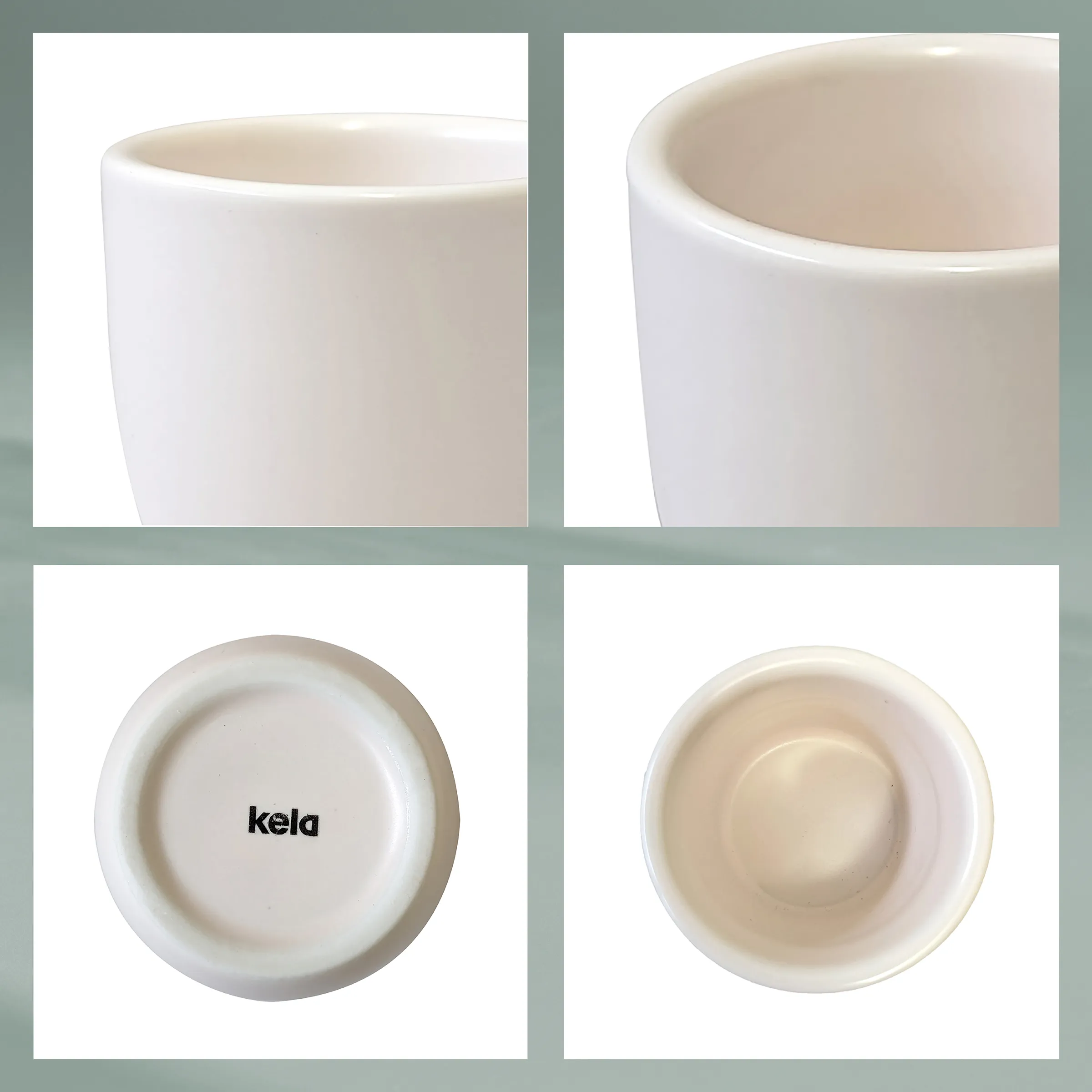 Kela Keramiktasse Weiß – Moderne Kaffeetasse Porzellan Weiße Keramiktasse von Kela in vier Ansichten: Seitenansicht, Detail des Rands, Bodenansicht mit Logo und Innenansicht