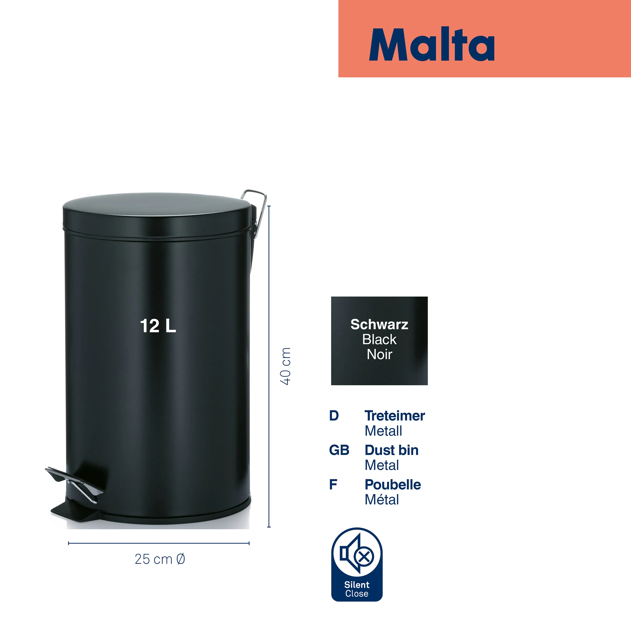 Malta Tretmülleimer 12L schwarz – Silent Close Mülleimer Schwarzer Tretmülleimer Malta mit 12 L Fassungsvermögen, 40 cm Höhe und 25 cm Durchmesser, mit Silent-Close-Funktion