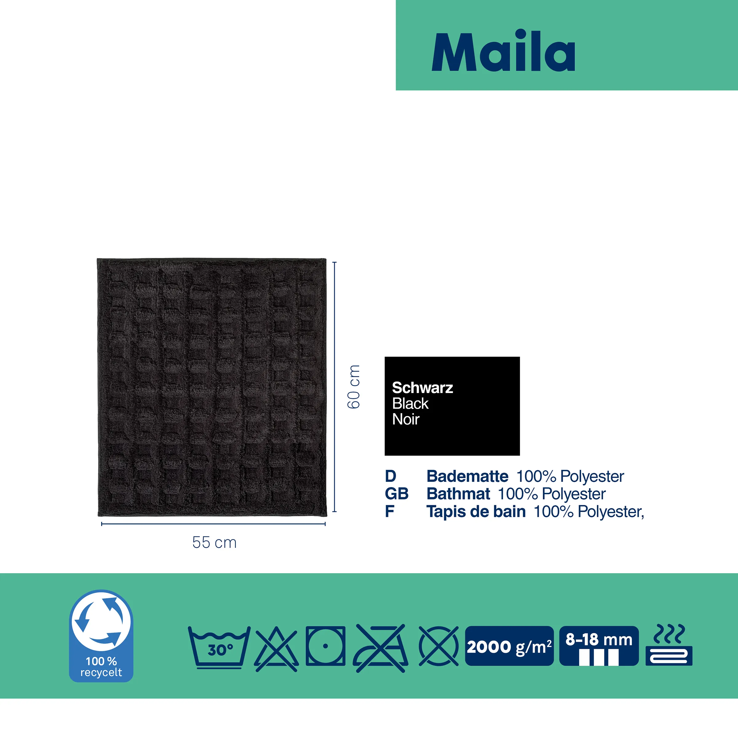 Maila Badematte Schwarz 55x60cm - 100% Recycelt Polyester Schwarze Badematte Maila 55x60cm aus 100% recyceltem Polyester, 2000g/m², waschbar bei 30°C