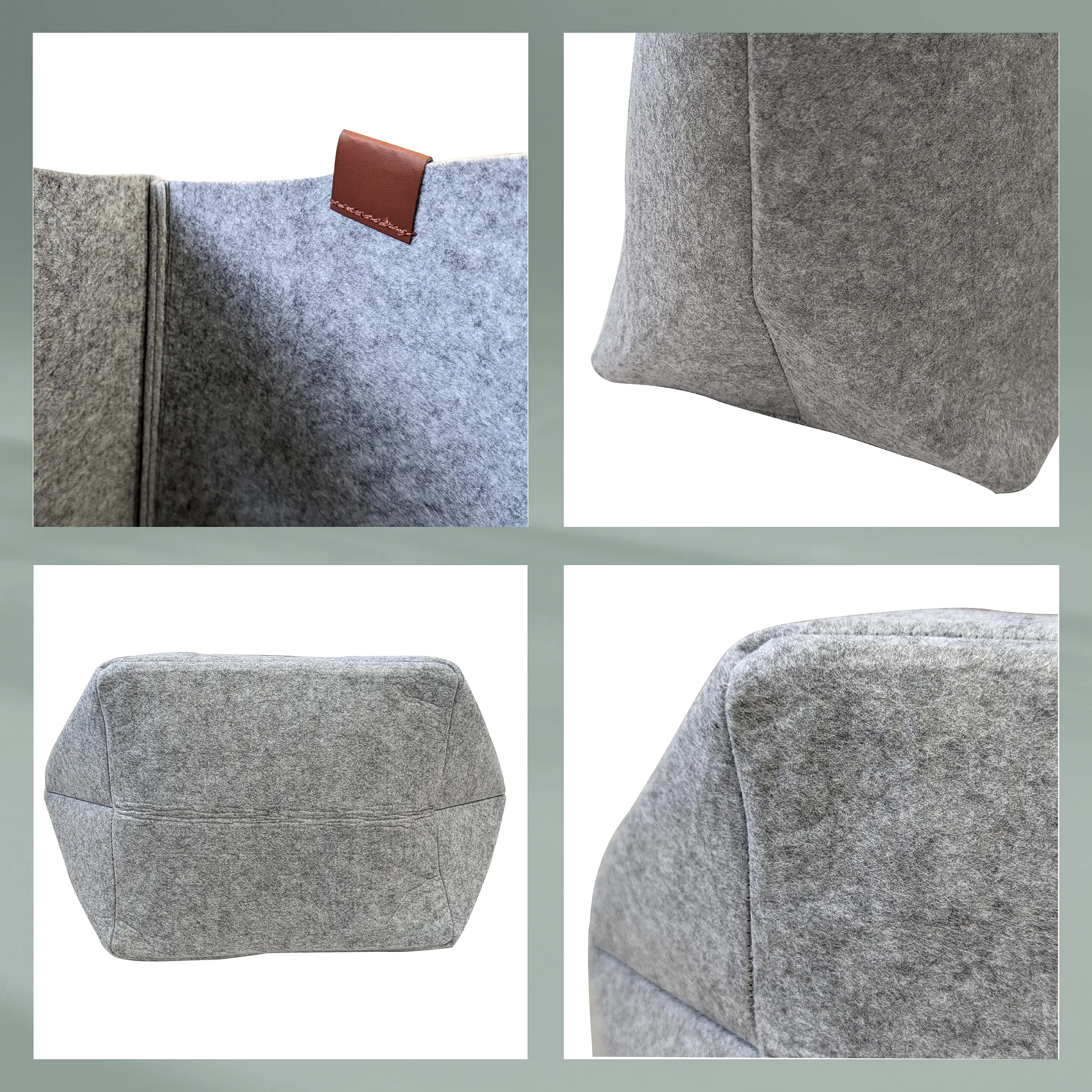 Grauer Filz-Sitzsack mit Lederlasche - Moderne Sitzmöbel Detailansicht Grauer Filz-Sitzsack mit Lederlasche in vier Detailansichten auf weißem Hintergrund
