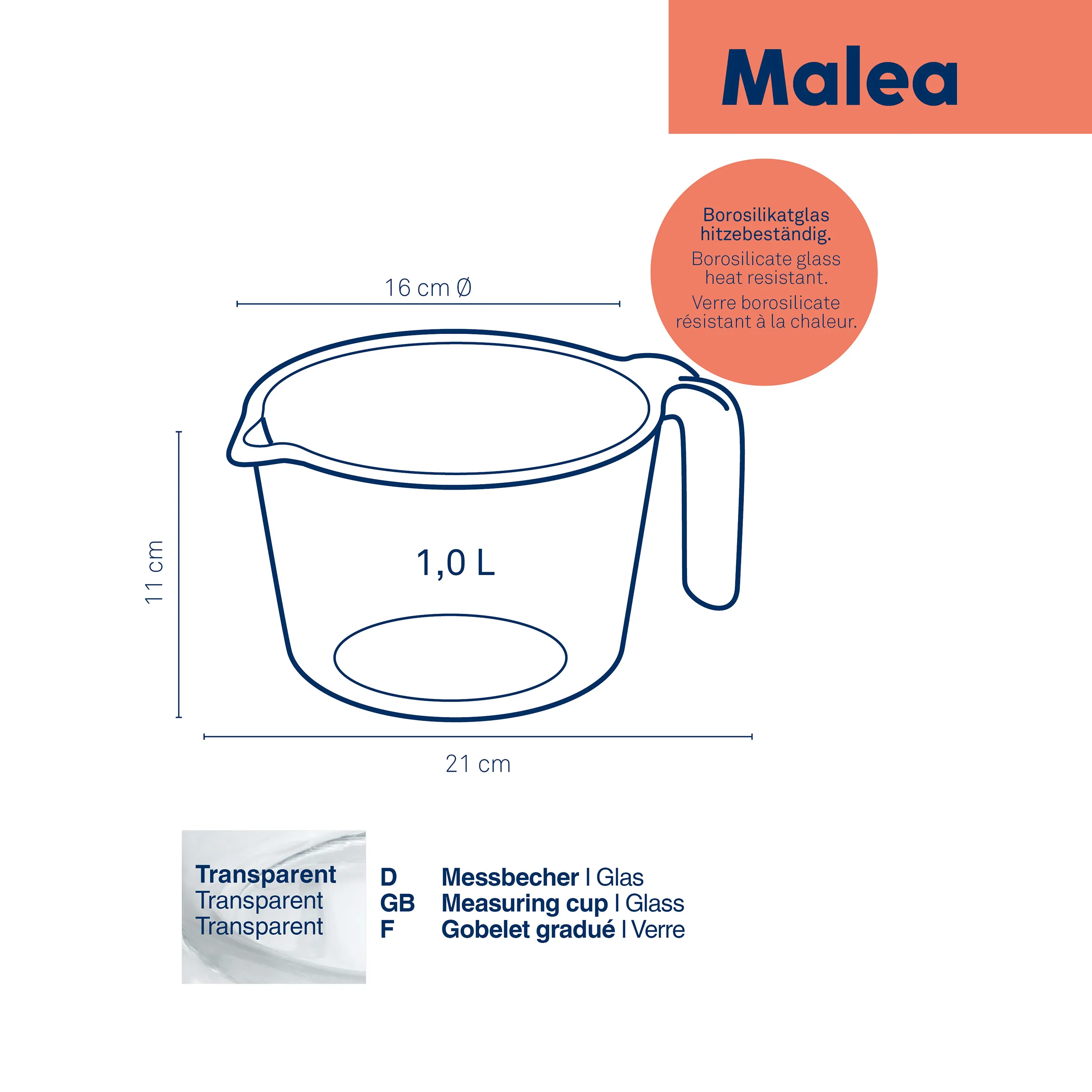 Malea Messbecher Glas 1L hitzebeständig – Borosilikat Messbecher transparent Malea Messbecher aus hitzebeständigem Borosilikatglas, 1,0 L Fassungsvermögen, 16 cm Durchmesser, 21 cm breit