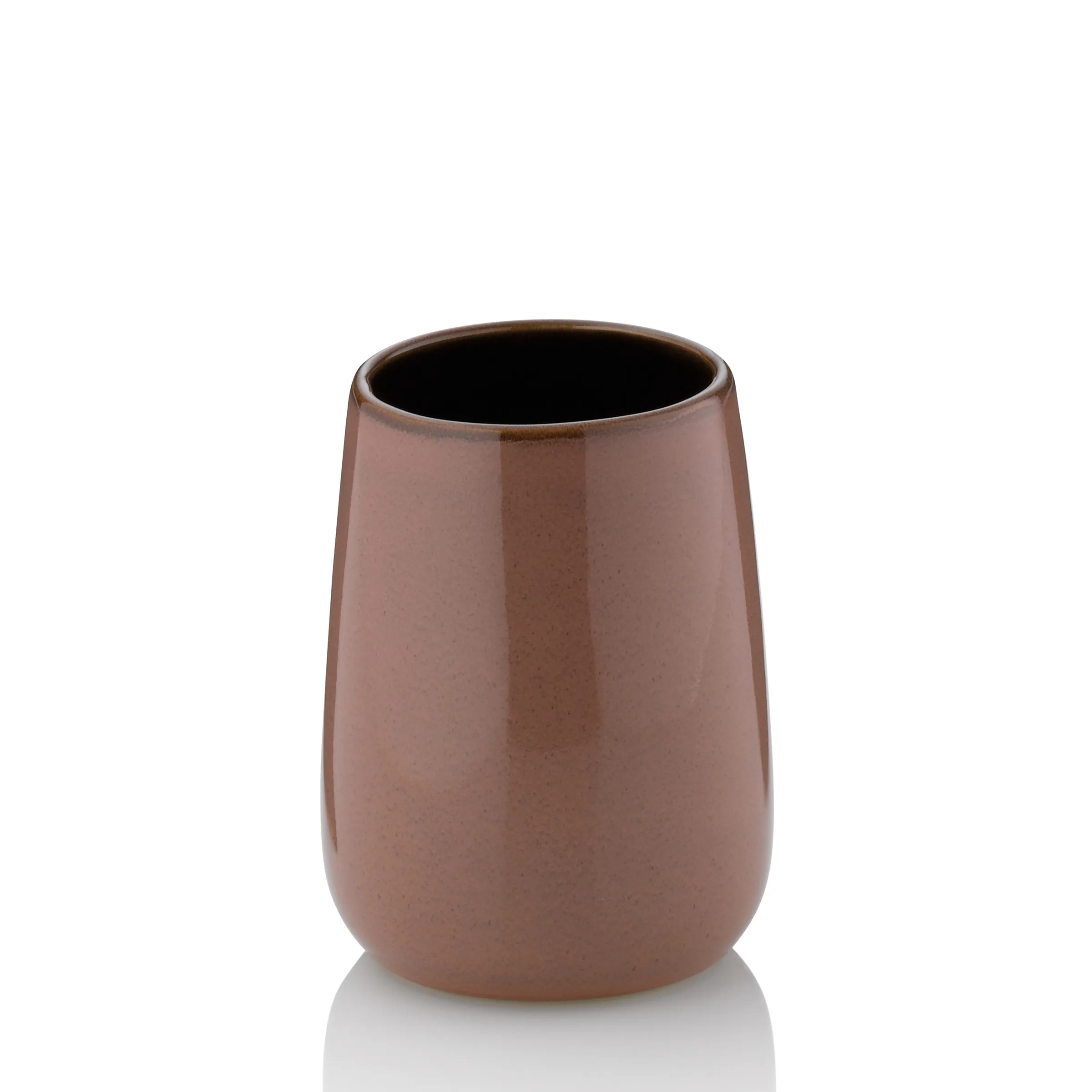 Keramik Zahnbürstenhalter Beige - Moderne Badezimmer Aufbewahrung Keramische Zahnbürstenhalter in Beige mit breiter, gerundeter Form und schwarzem Innenglasur auf weißem Hintergrund