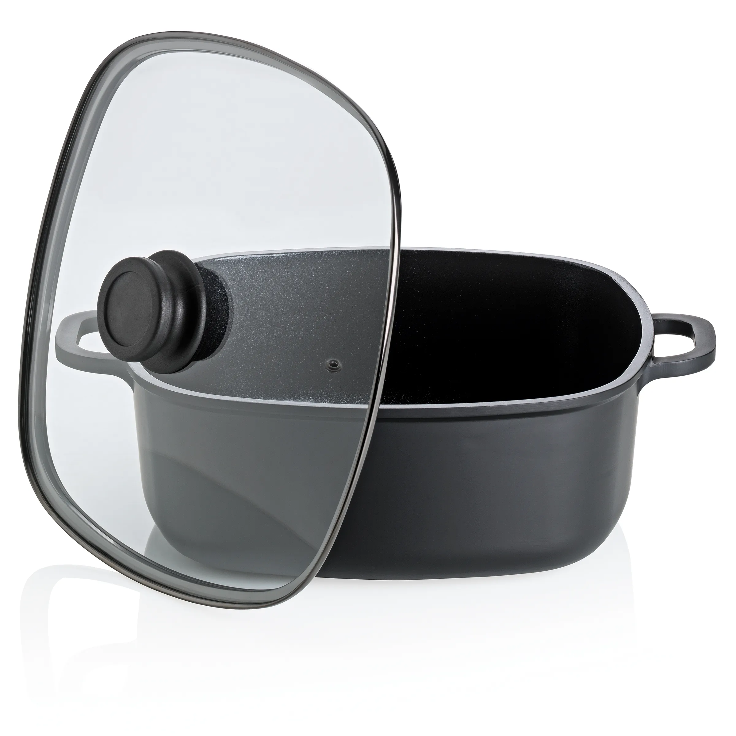 Kochtopf mit Deckel - Hochwertiger Schmortopf für die Küche Schwarzer Kochtopf mit Glassdeckel und zwei Griffen, ideal zum Kochen und Schmoren von Speisen.