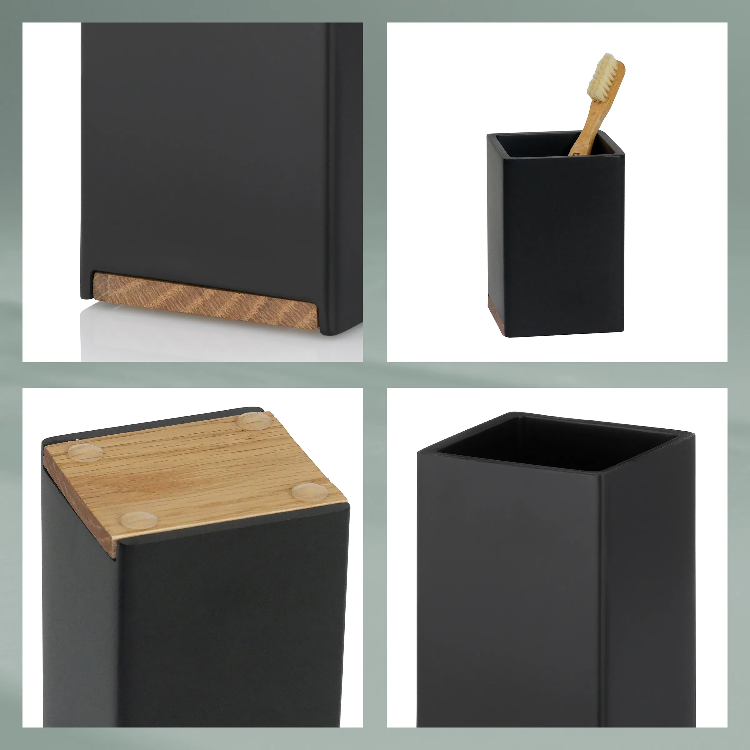 Schwarze Badezimmer-Kollektion mit Holzakzenten: Zahnputzbecher, Aufbewahrungsbox mit Bambusdeckel