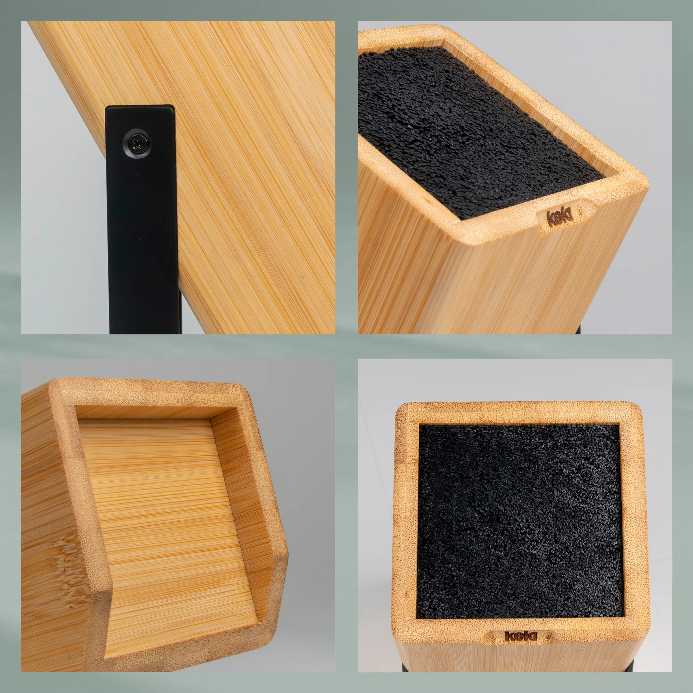 Holzboxen mit schwarzem Innenfutter aus verschiedenen Blickwinkeln, zeigen Details der Verarbeitung und des Designs