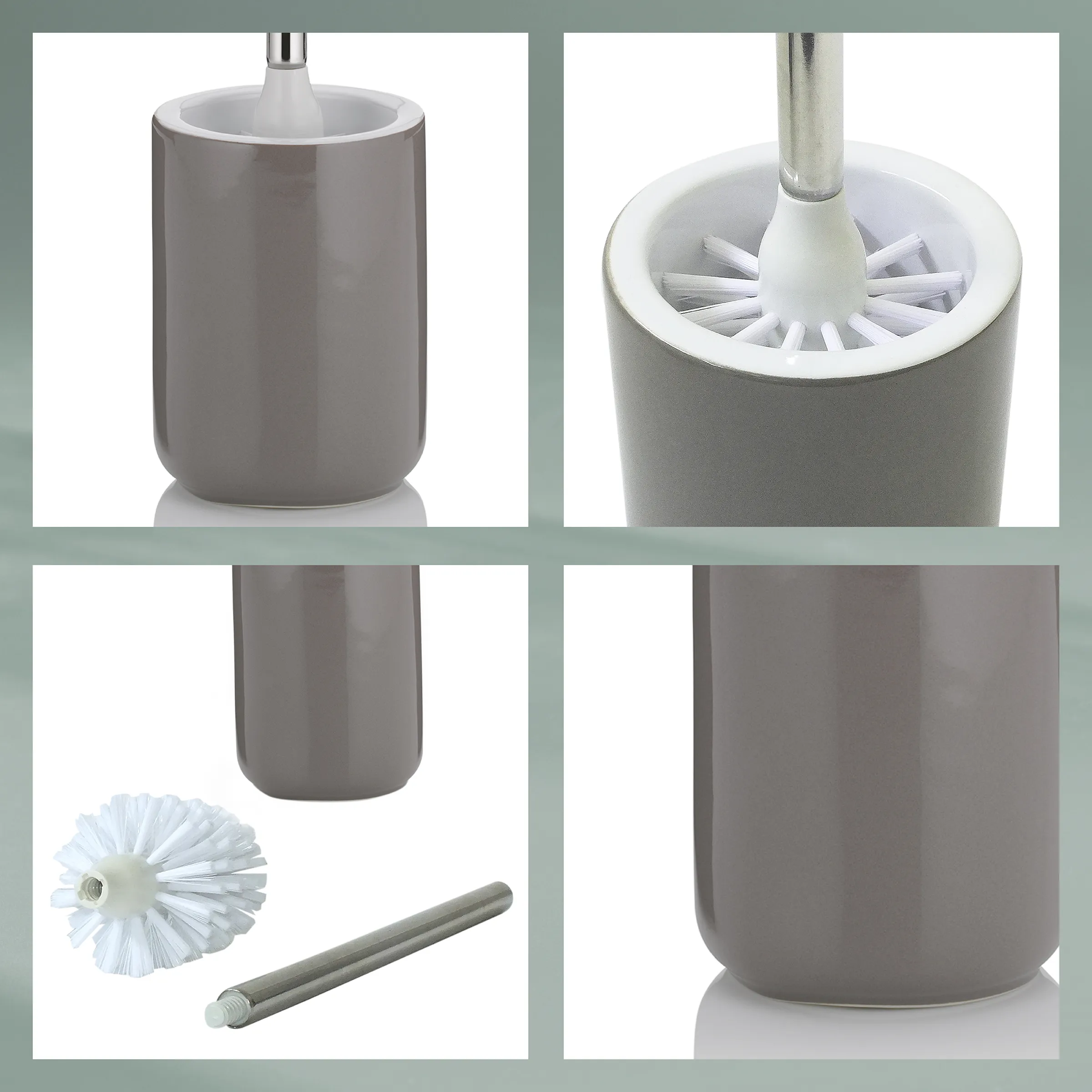 WC-Bürste mit Keramikhalter grau - austauschbarer Bürstenkopf für Badezimmer Graue WC-Bürste mit Keramikhalter und austauschbarem Bürstenkopf, detaillierte Produktansicht von allen Seiten