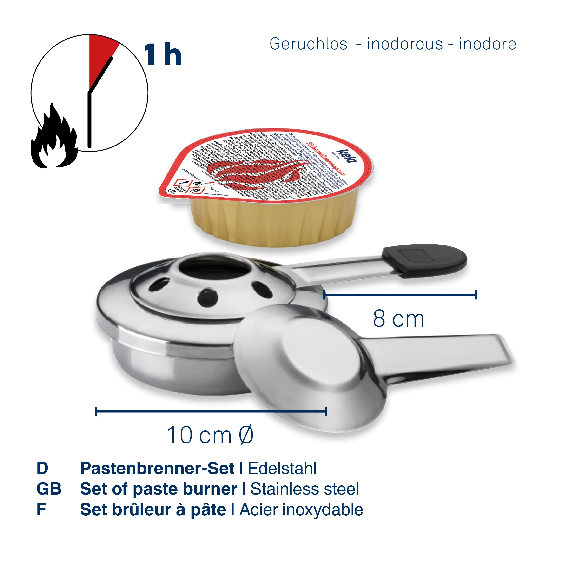 Pastenbrenner-Set Edelstahl mit Brennpaste Pastenbrenner-Set aus Edelstahl mit Brenner, Topf und Paste in Aluminiumschale. Brenndauer 1 Stunde, 10 cm Durchmesser.