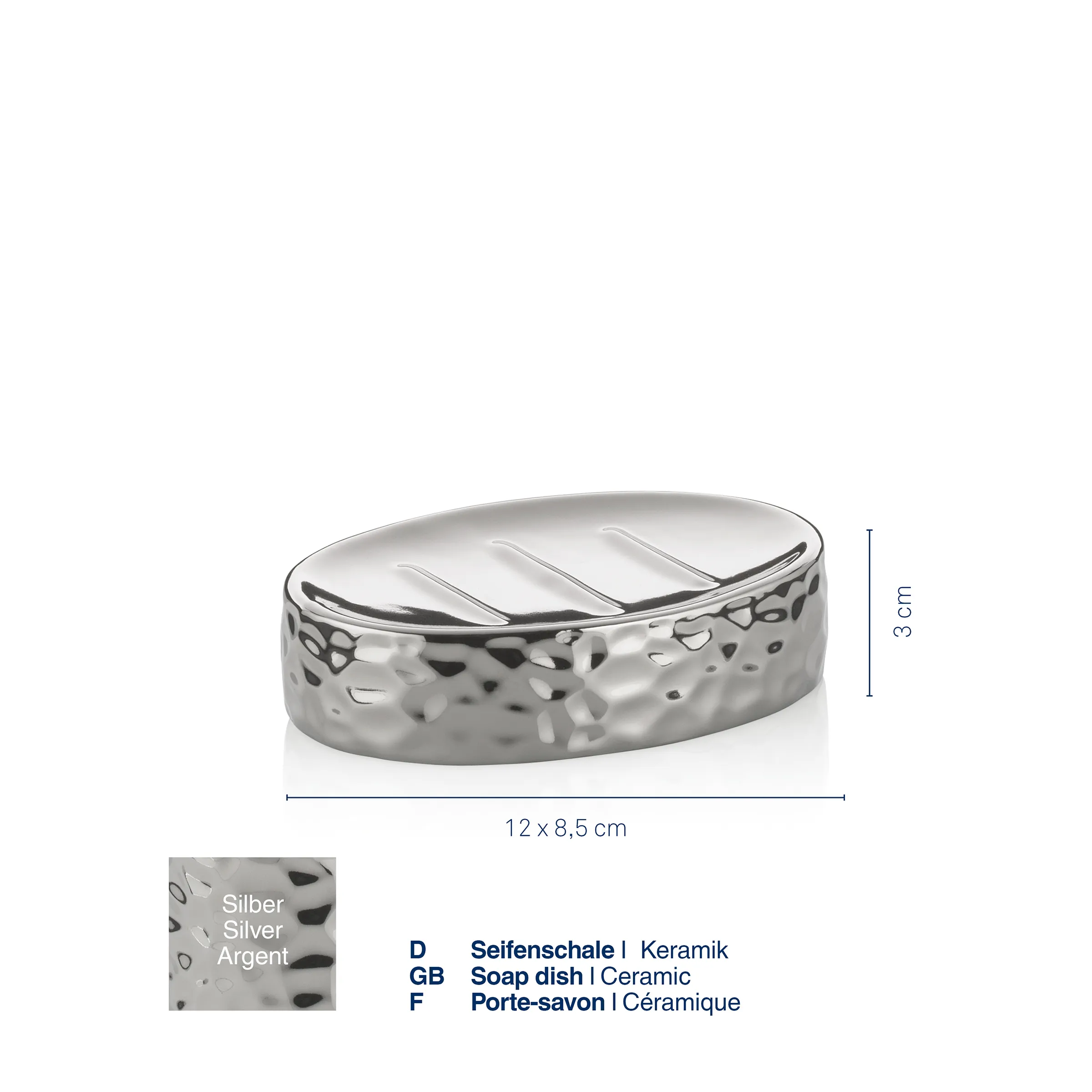Silber Seifenschale Keramik oval strukturiert Silber-Seifenschale aus Keramik mit strukturiertem Muster, oval, Maße 12 x 8,5 cm, Höhe 3 cm