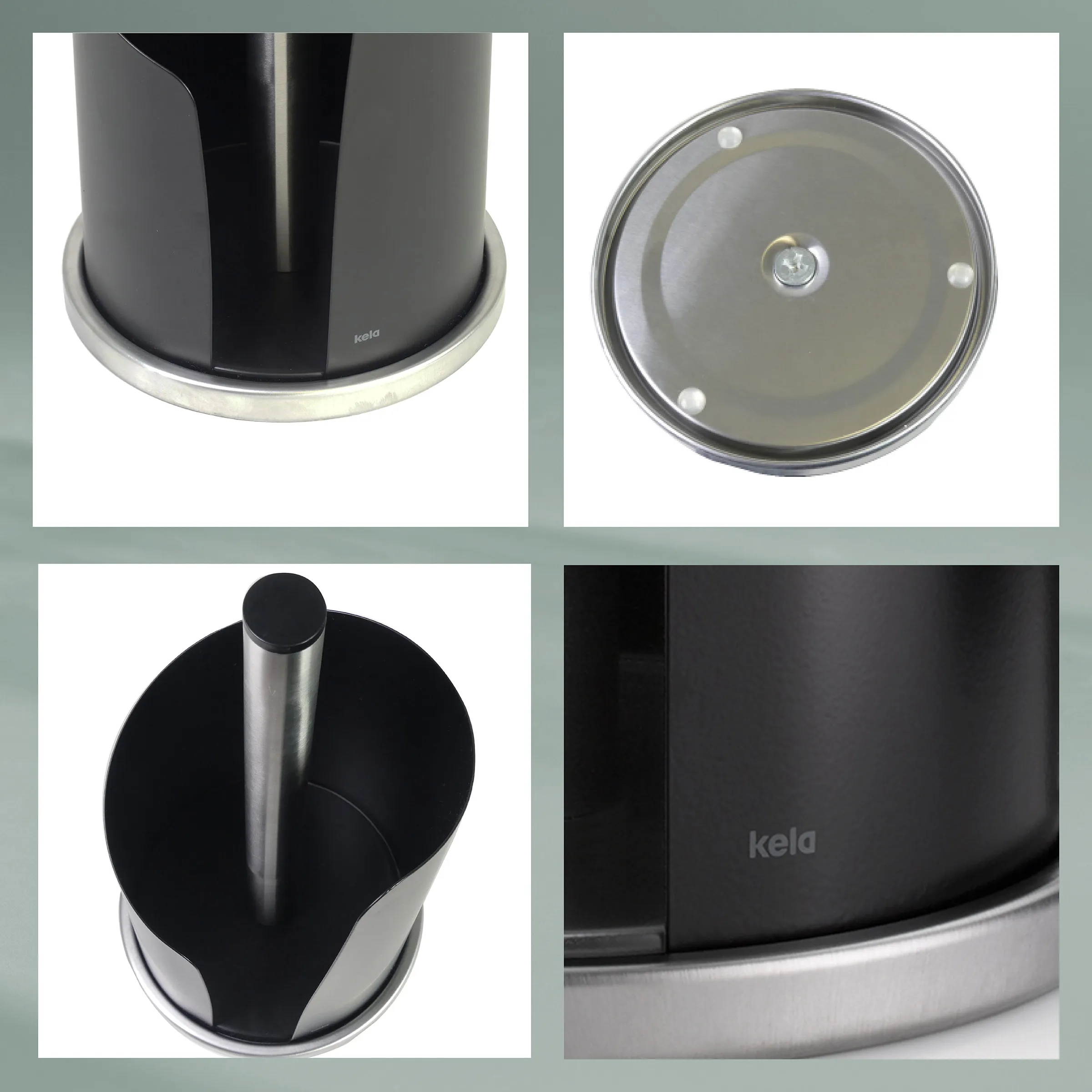 Keld Kaffeekanne schwarz mit Edelstahl - Thermoskanne Detailansichten Keld schwarze Kaffeekanne mit Edelstahlakzenten, vier Detailansichten: Basis, Deckel, Korpus und Logo