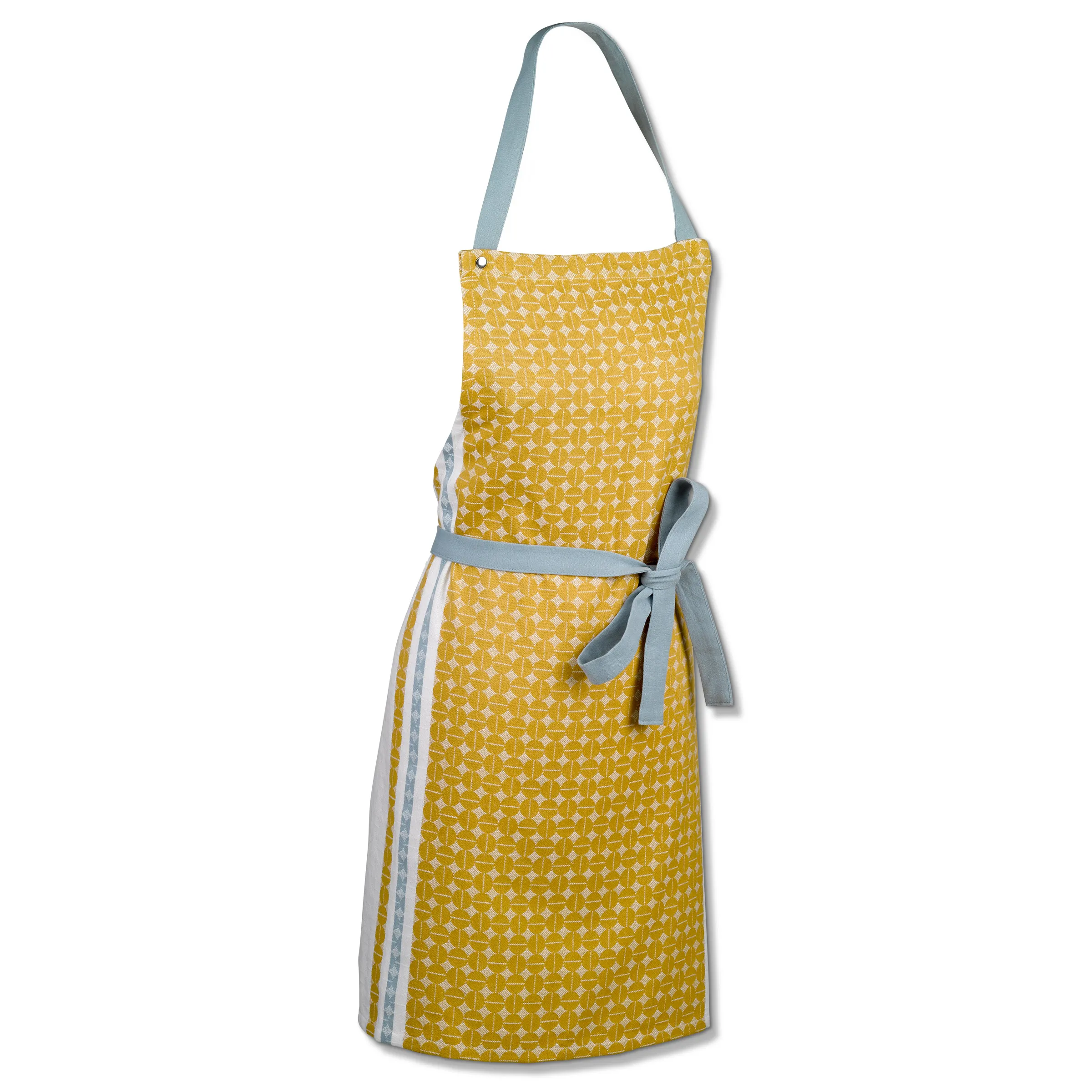 Küchenschürze gelb mit Muster und Taschen Gelbe Küchenschürze mit geometrischem Muster, grauem Träger und Bindebändern