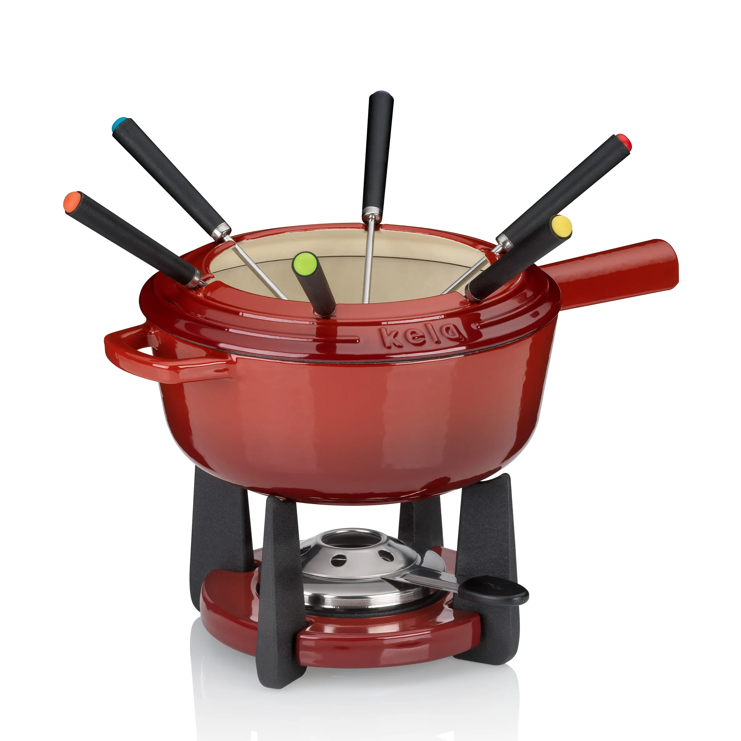 Kela Fondue-Set rot mit Topf, Rechaud und 6 Fonduegabeln Rotes Kela Fondue-Set mit Topf, Rechaud, Brenner und sechs farbcodierten Gabeln auf weißem Hintergrund