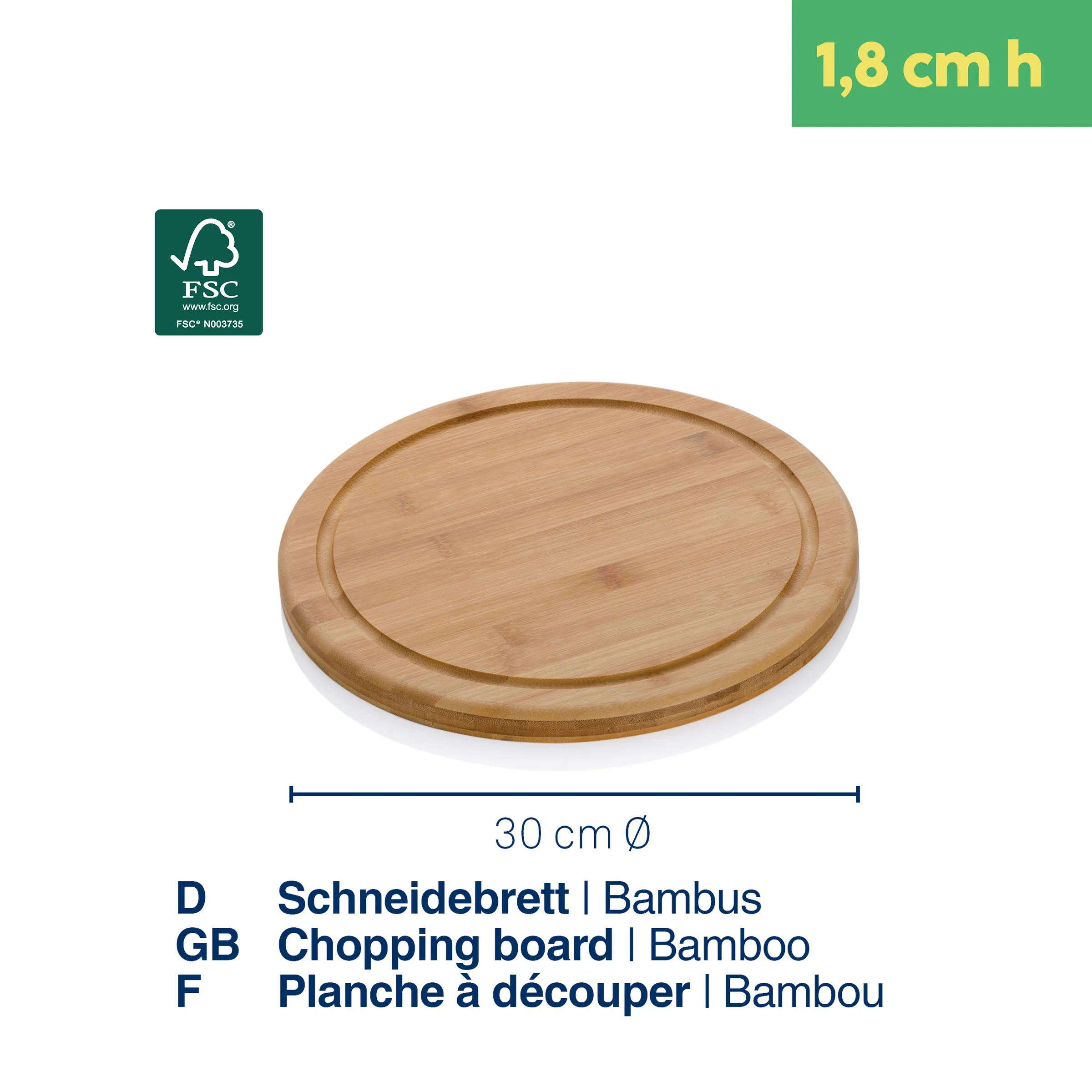 Bambus Schneidebrett rund 30 cm - Küchenbrett Runder Bambus-Schneidebrett mit Rillen, 30 cm Durchmesser, 1,8 cm Höhe, FSC-zertifiziert