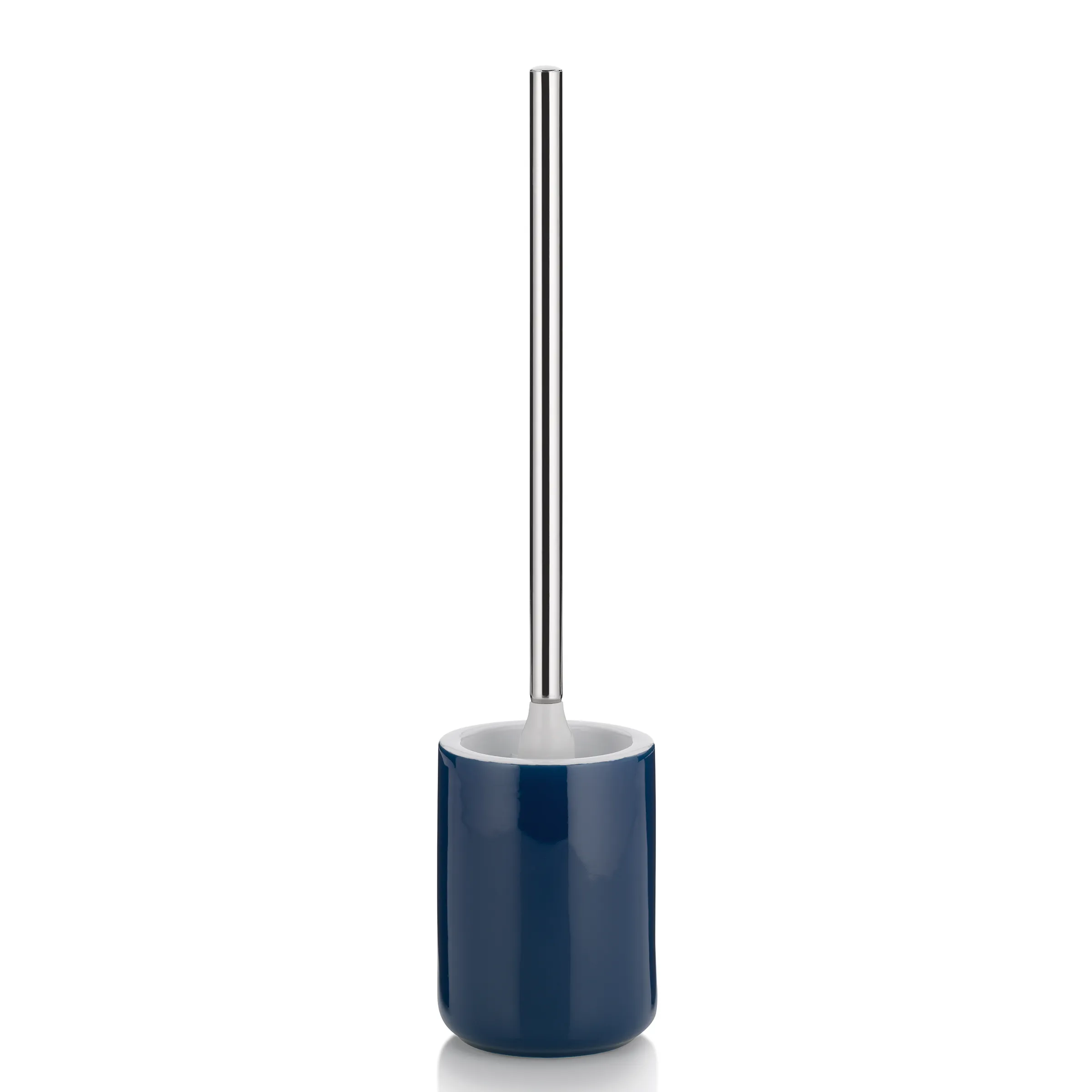 Toilettenbürste dunkelblau mit Edelstahl-Griff Dunkelblauer Toilettenbürsten-Behälter mit silberfarbenem Edelstahl-Griff und weißem Innenbehälter