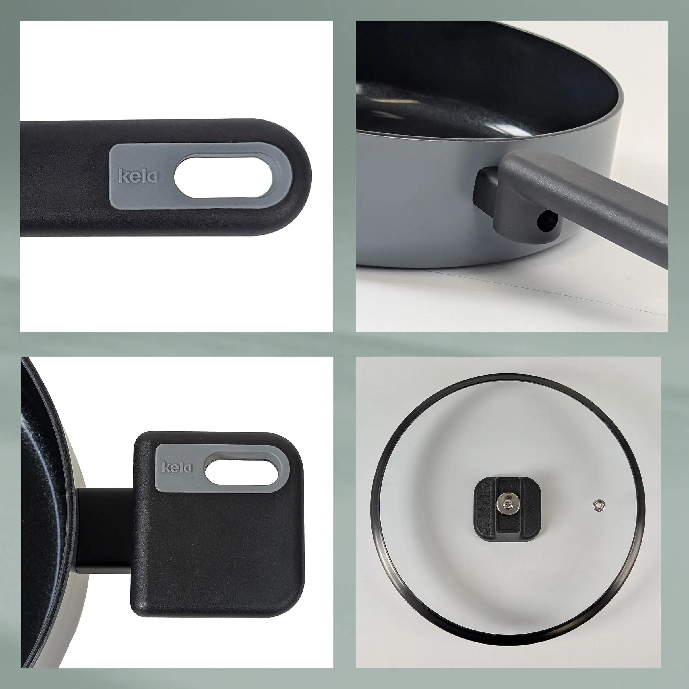 Kela Kochtopf mit Glasdeckel und Griff - Antihaft-Beschichtung Kochgeschirr Details Kela Kochtopf mit Deckel und Griff in Grau, vier Detailansichten zeigen Griff, Topf und Glasdeckel mit Druckventil