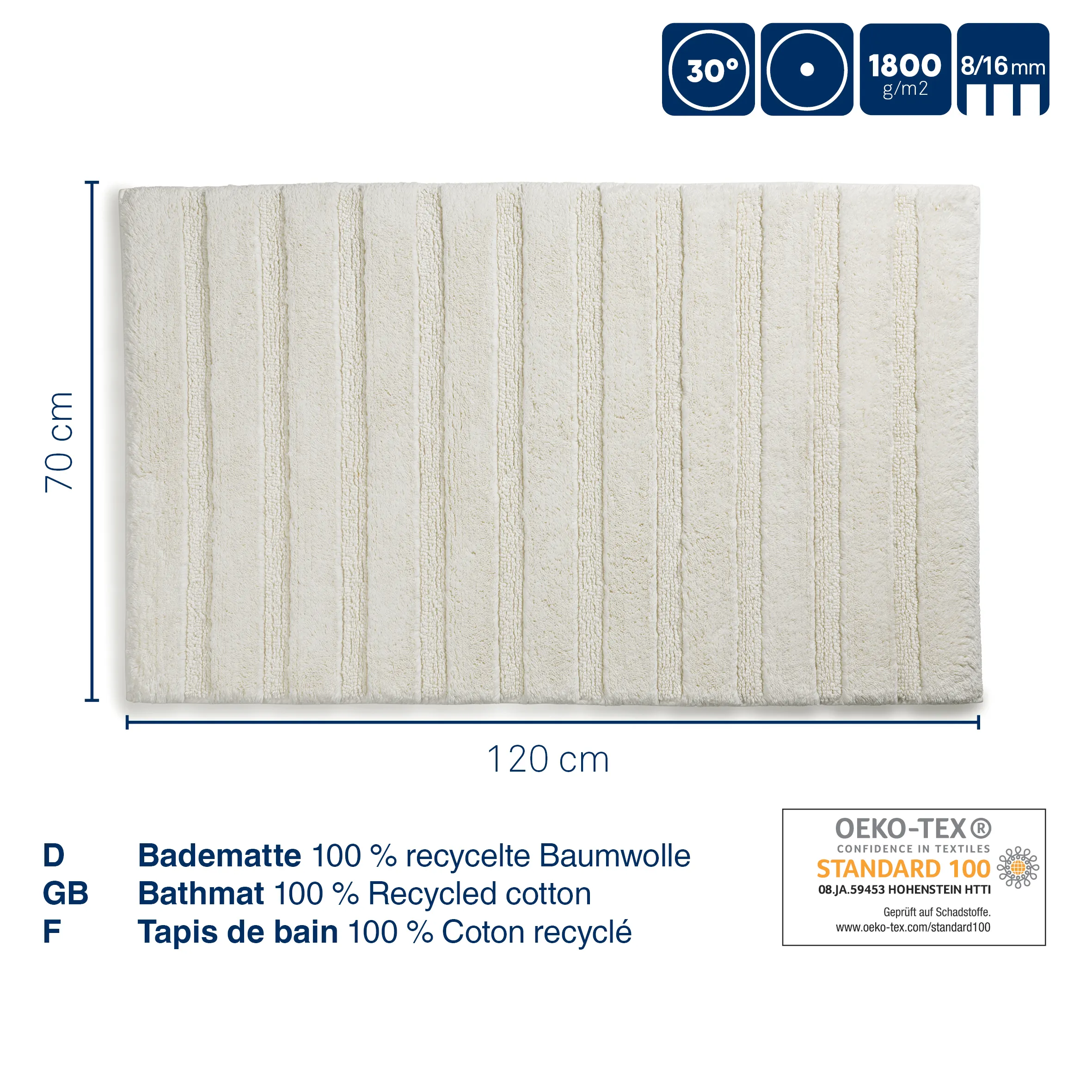 Badematte 100% recycelte Baumwolle mit Streifen OEKO-TEX Standard 100 Cremefarbene Badematte aus recycelter Baumwolle mit vertikalen Streifen, 120x70 cm, OEKO-TEX zertifiziert