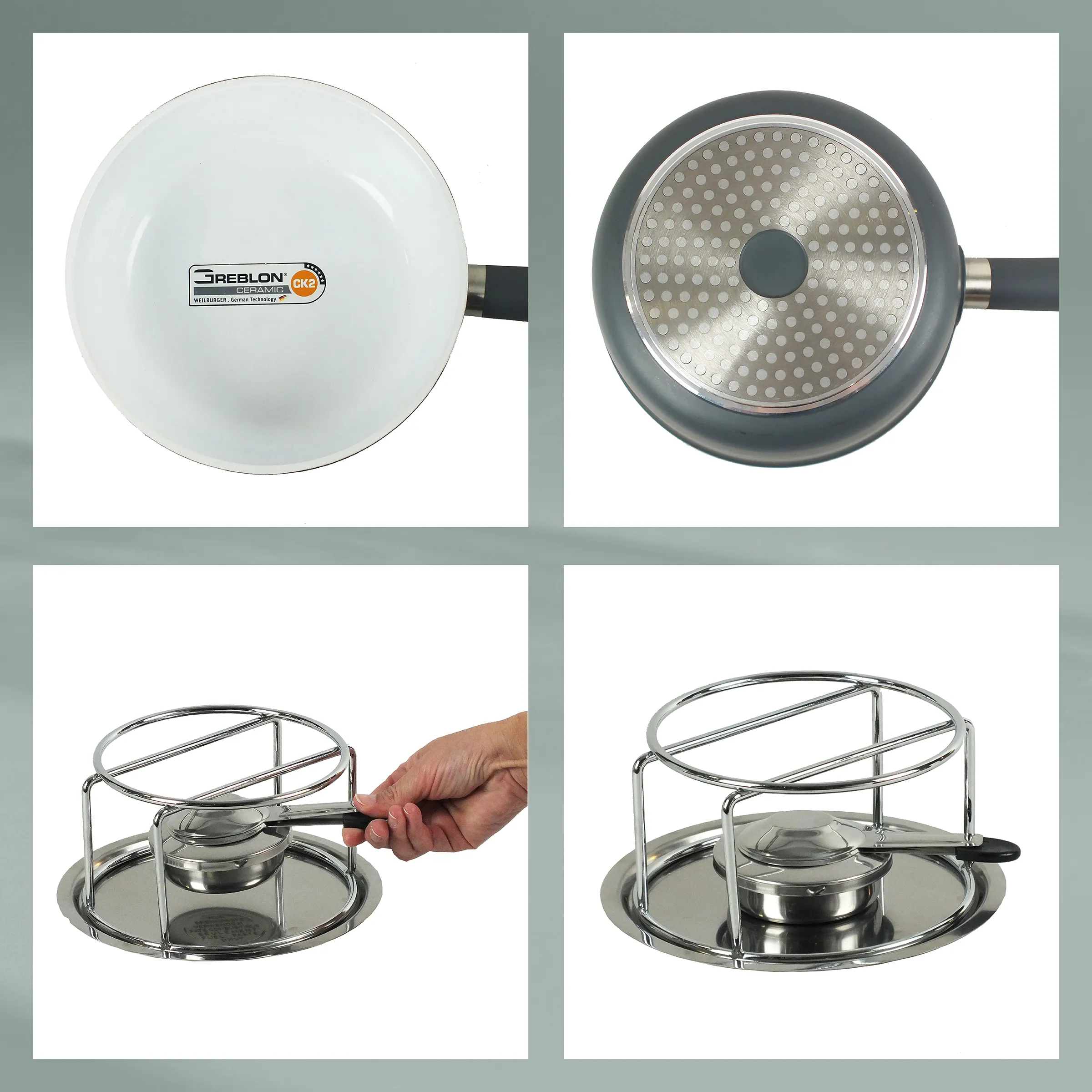 Srebalon Pfanne mit Deckel - Hochwertiges Kochgeschirr Set Srebalon Pfanne mit Deckel und Zubehör von oben und von der Seite, zeigt Bratfläche und Kochgeschirr-Set
