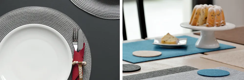 Moderne Tischdekoration mit Teller und Kuchen-Präsentation Elegante Tischdeckung mit weißem Teller, grauer Serviette, roter Besteckdekoration und Kuchen auf Kuchenständer mit blauen Filzuntersetzern.