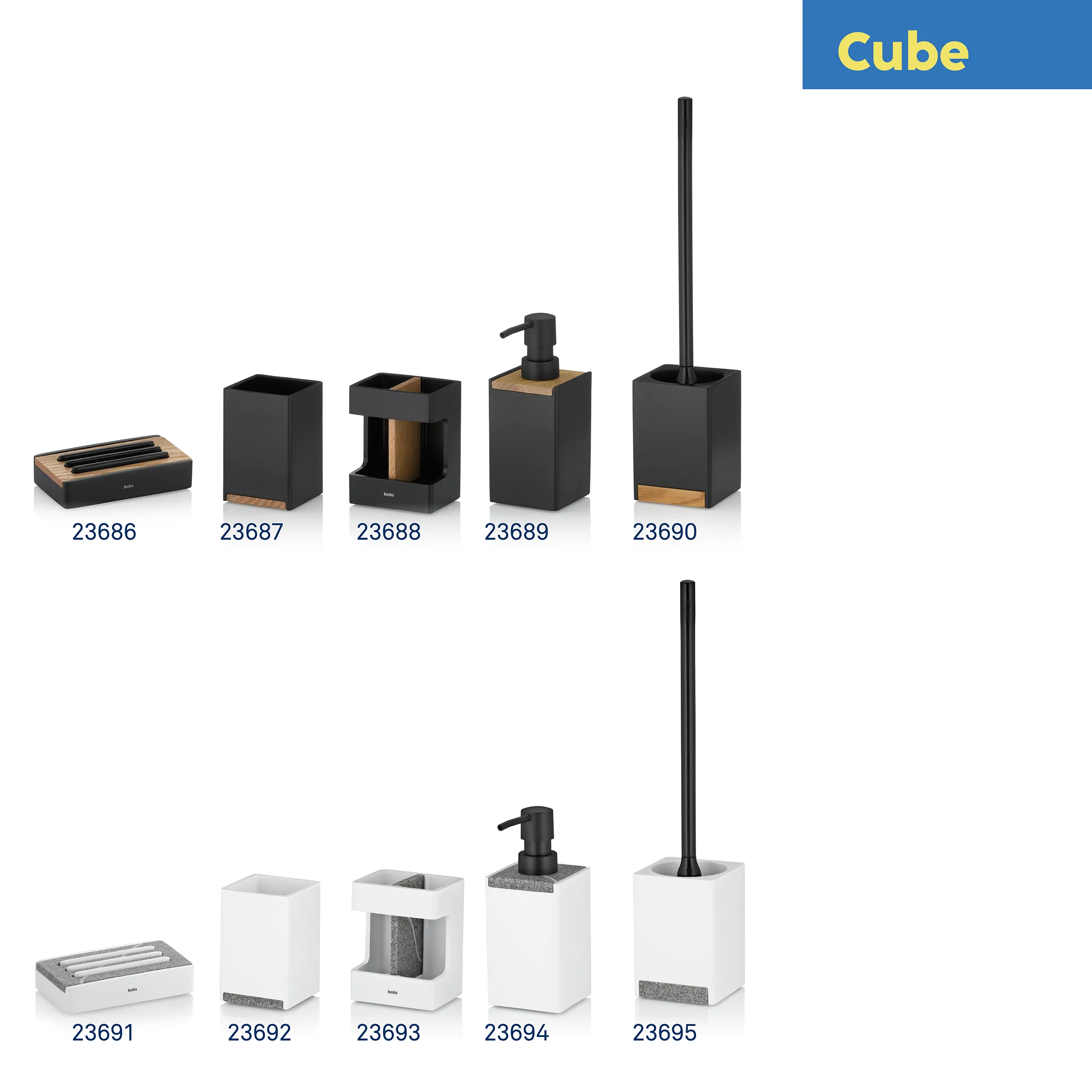 Cube Badezimmer-Accessoires Set mit schwarzen und weißen Behältern, Seifenspendern und Toilettenpapierhaltern