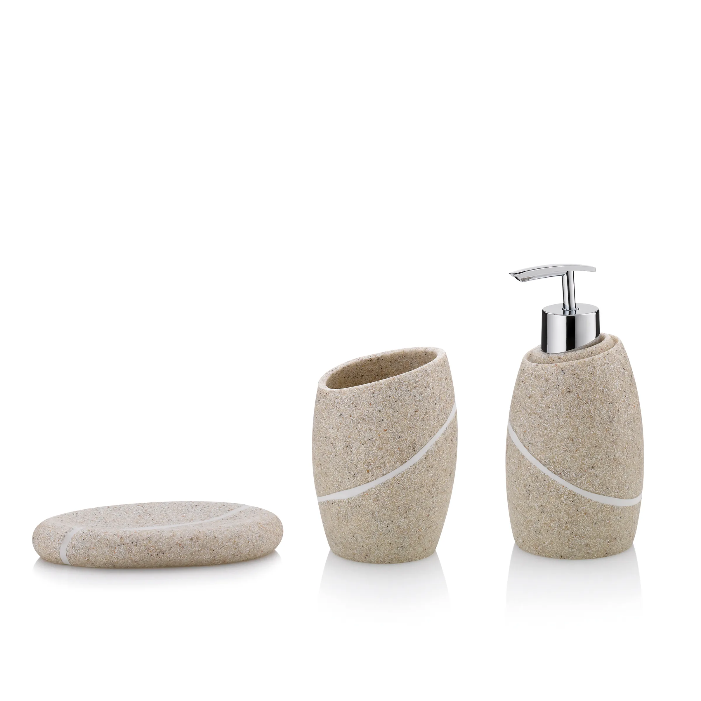 Badezimmer-Accessoire-Set Sandstein 3-teilig - Seifenspender, Becher, Schale Dreiteiliges Badezimmer-Set aus Sandstein mit Seifenschale, Zahnputzbecher und Seifenspender mit Chromdetail